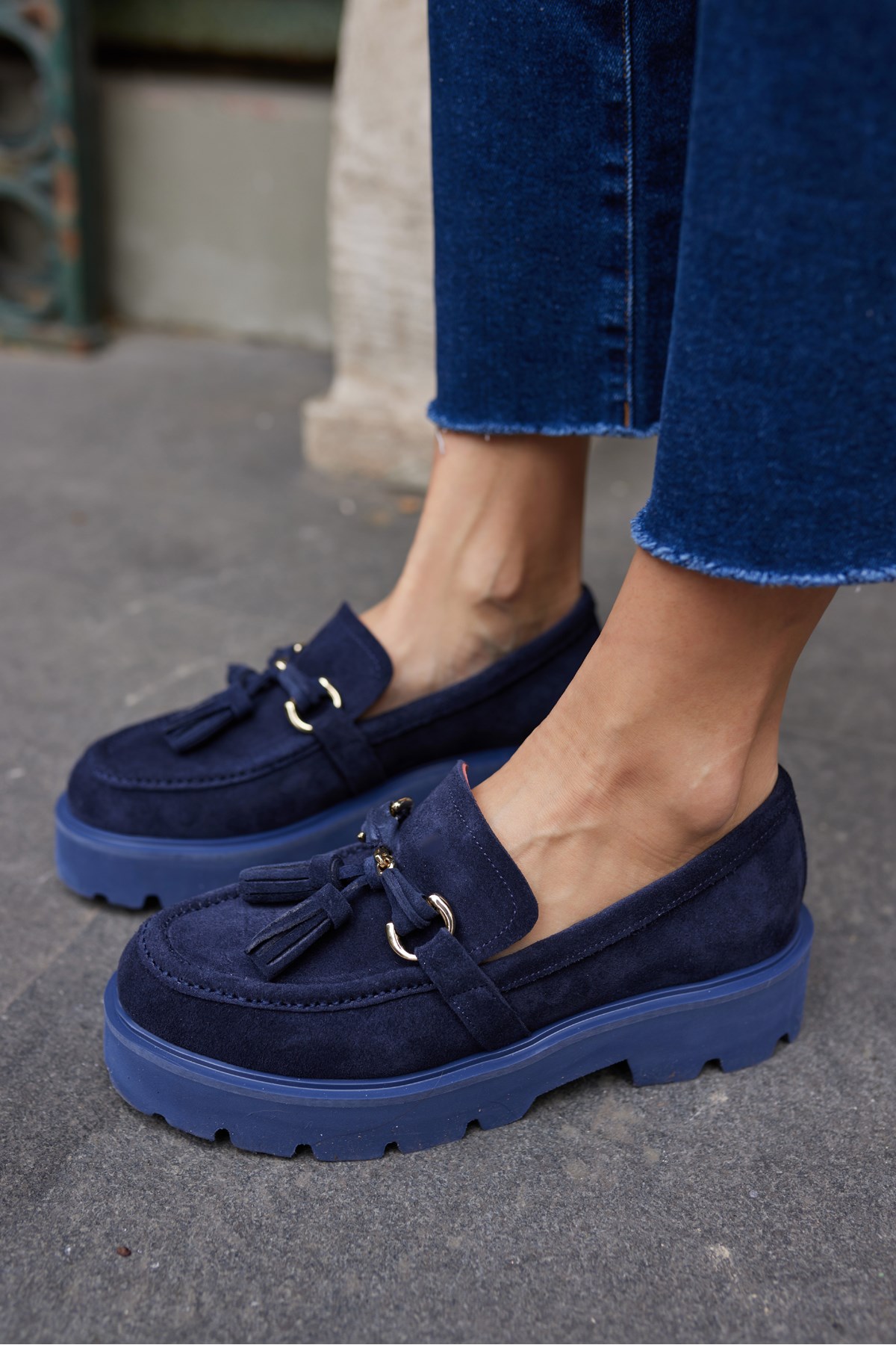 GRAY KADIN LACİVERT GERCEK SUET PUSKULLU EVA TABAN LOAFER