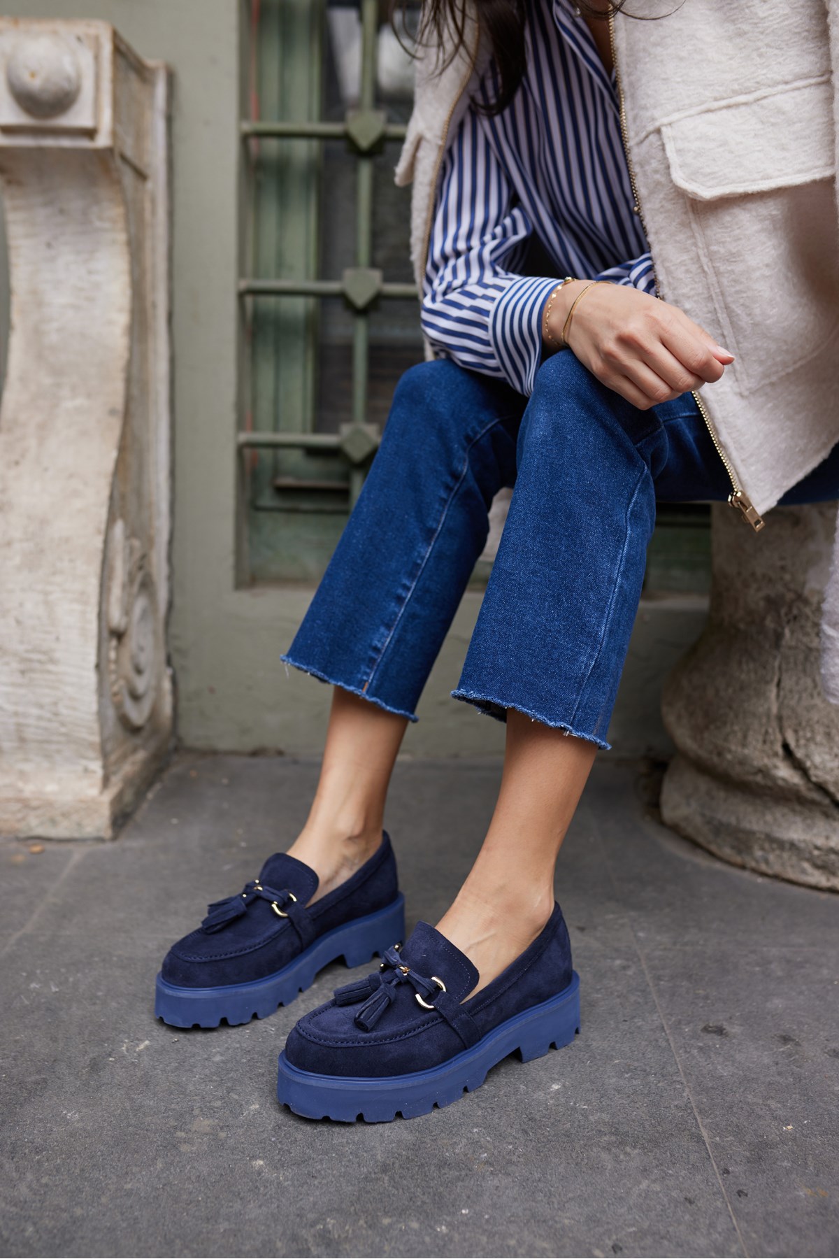 GRAY KADIN LACİVERT GERCEK SUET PUSKULLU EVA TABAN LOAFER