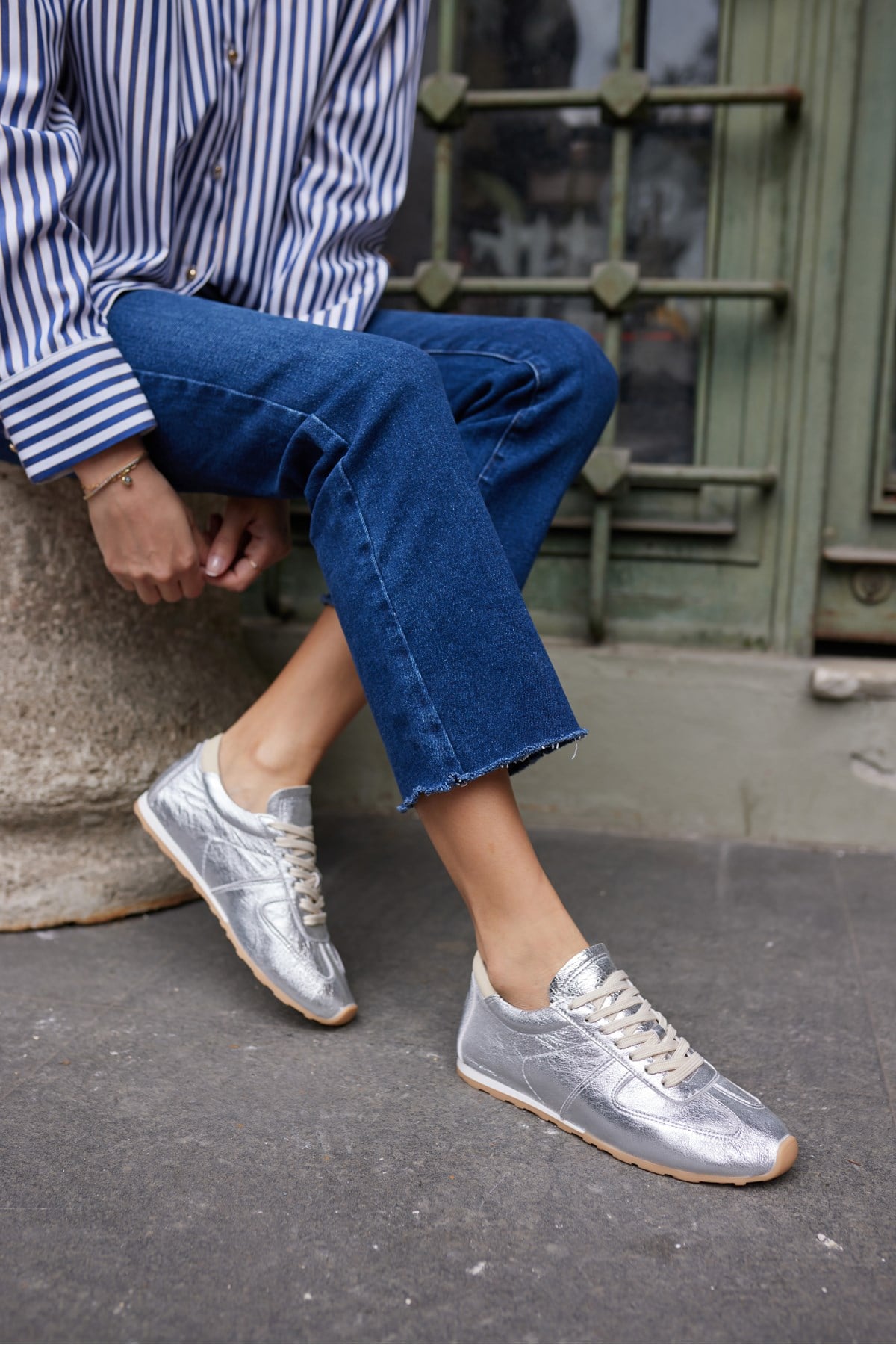 TORES KADIN GUMUS GERCEK DERİ BAGCIKLI SNEAKER