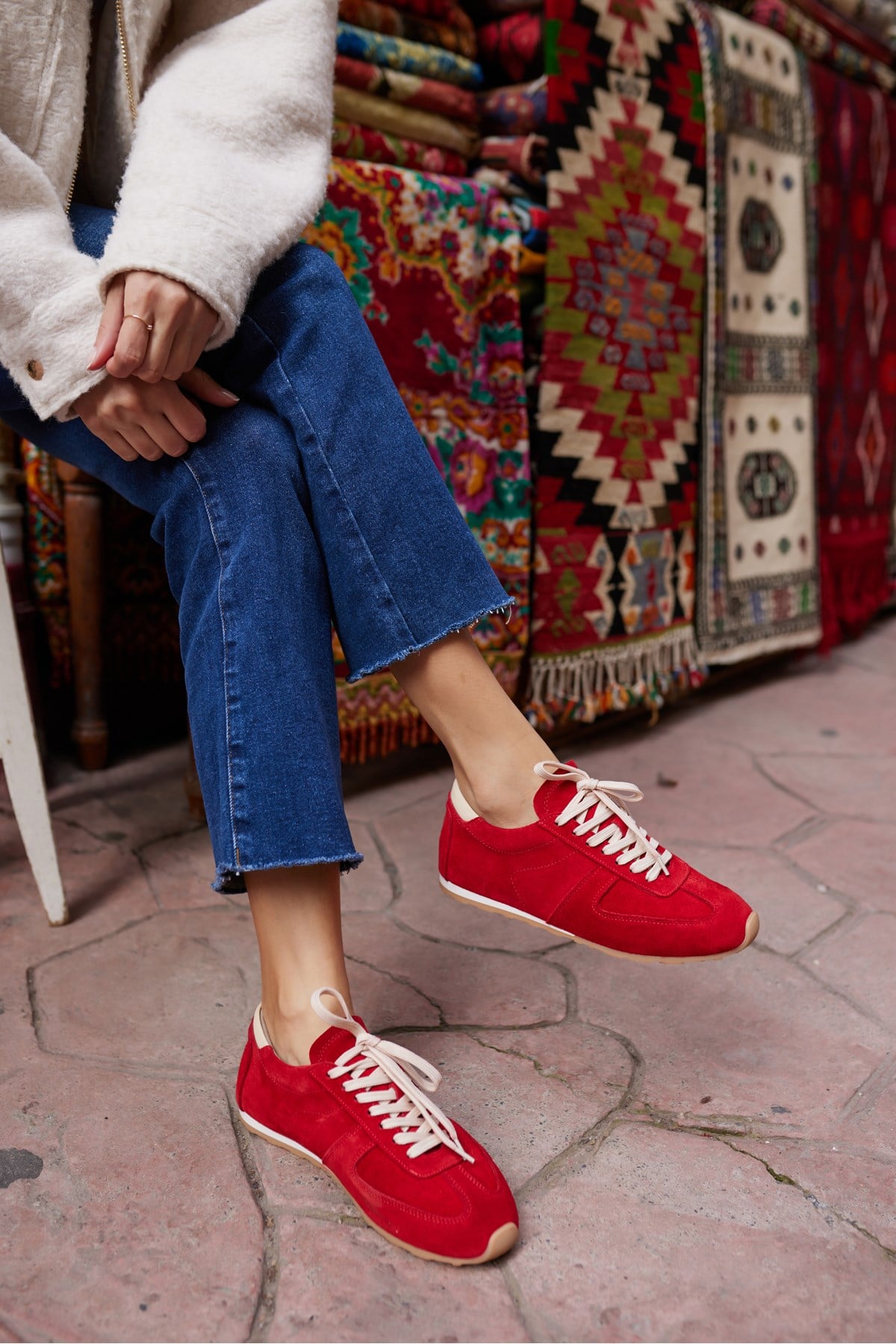 TORES KADIN KIRMIZI GERCEK SUET BAGCIKLI SNEAKER