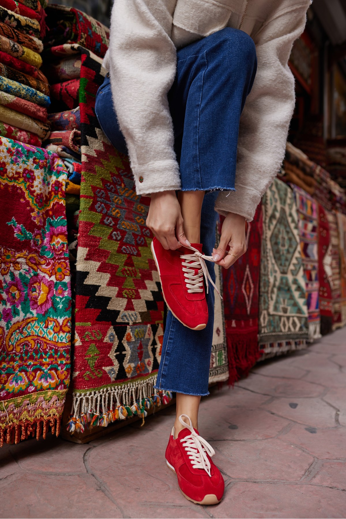 TORES KADIN KIRMIZI GERCEK SUET BAGCIKLI SNEAKER