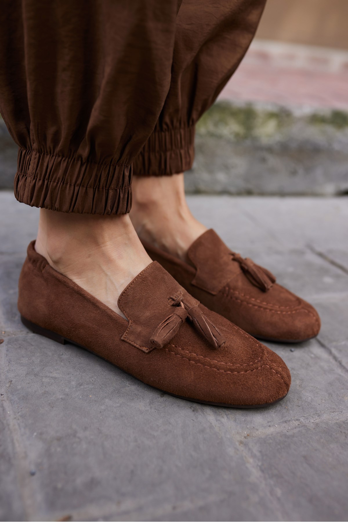 ALBARES KADIN KAHVE MOCHA GERCEK SUET PUSKULLU LOAFER