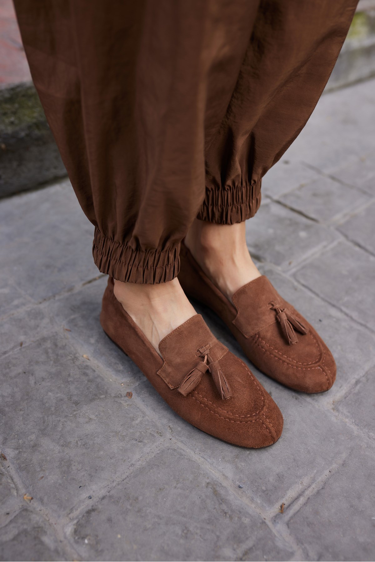 ALBARES KADIN KAHVE MOCHA GERCEK SUET PUSKULLU LOAFER