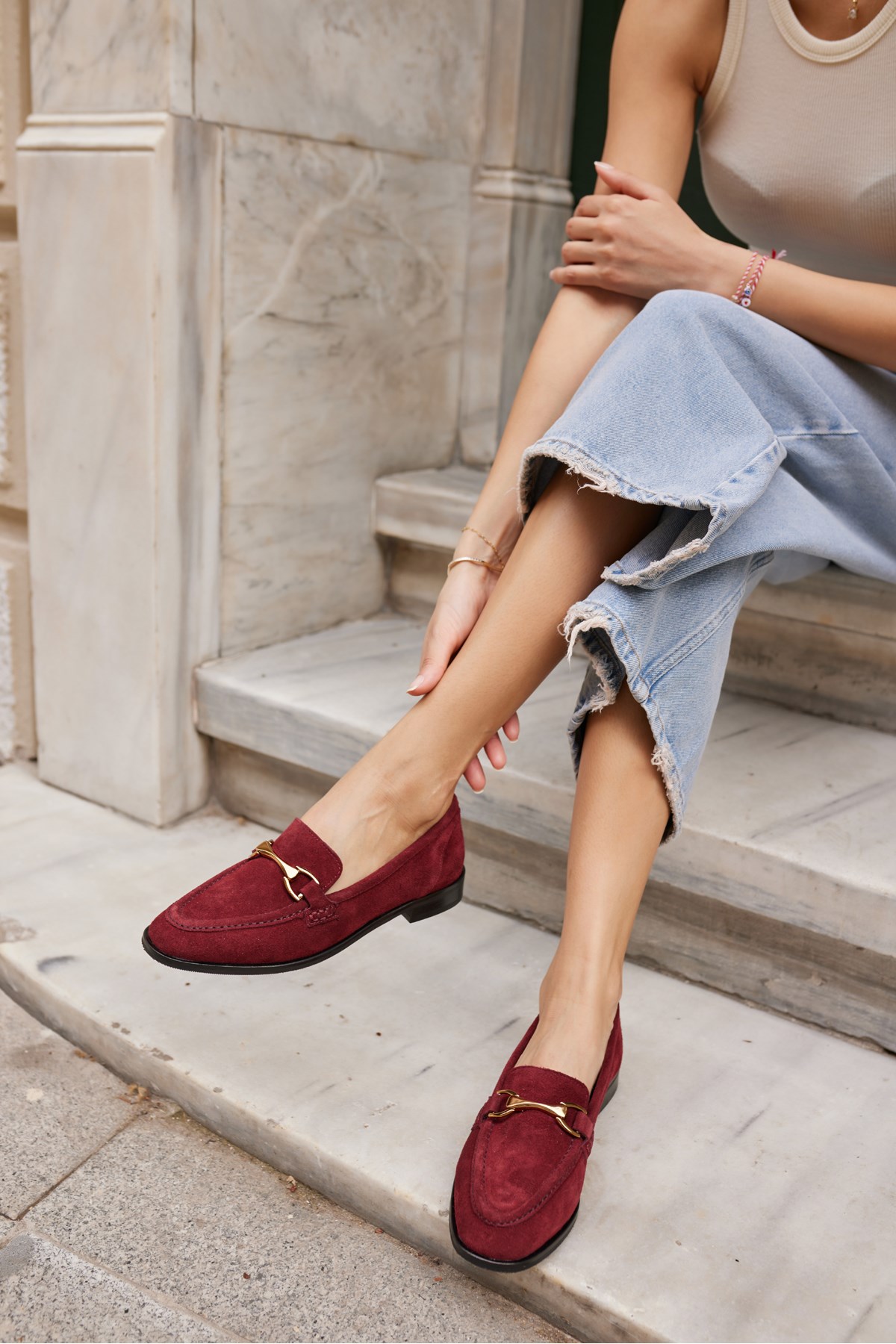 RUSH KADIN BORDO GERCEK SUET TOKA DETAY LOAFER AYAKKABİ