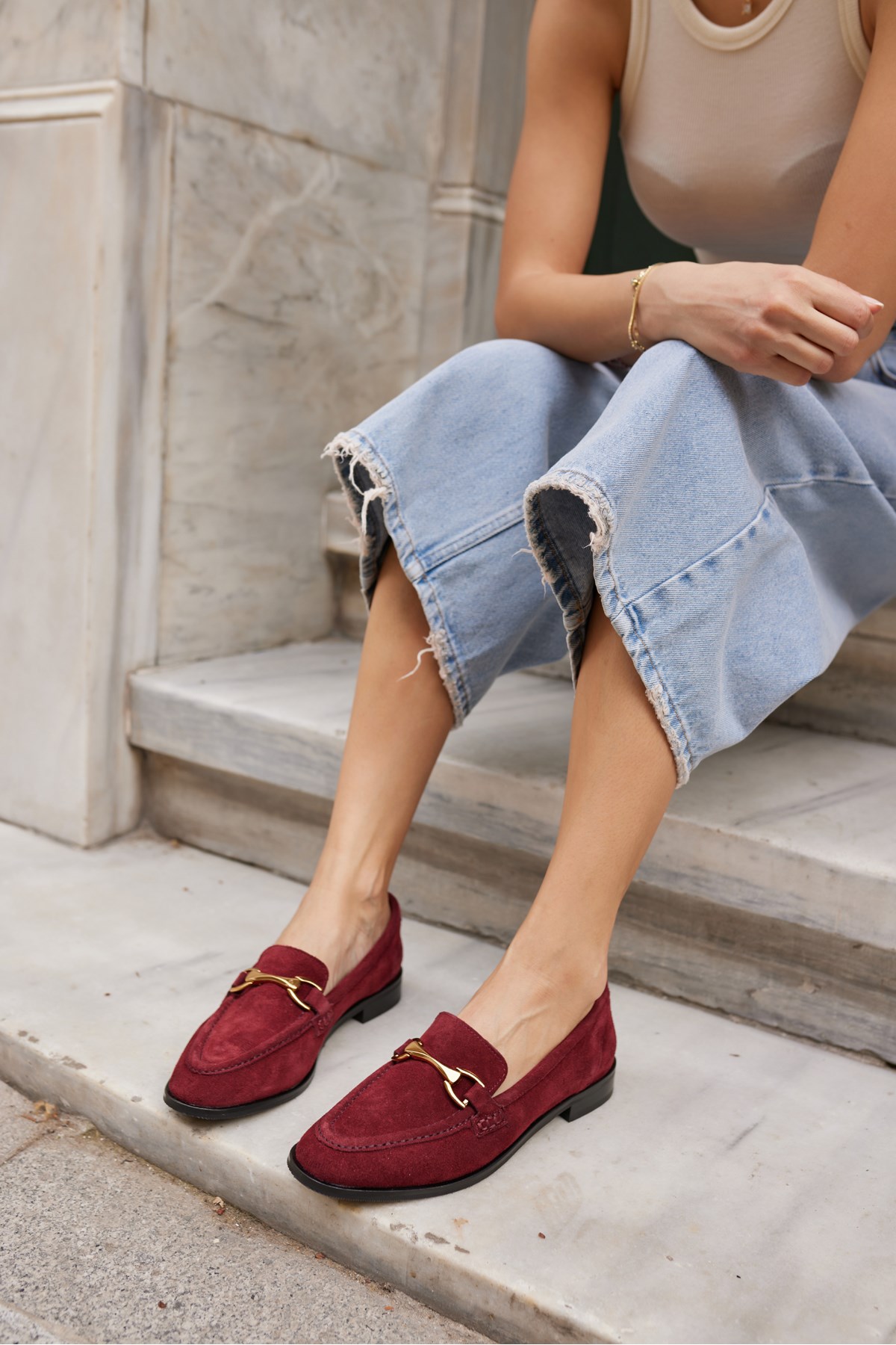 RUSH KADIN BORDO GERCEK SUET TOKA DETAY LOAFER AYAKKABİ