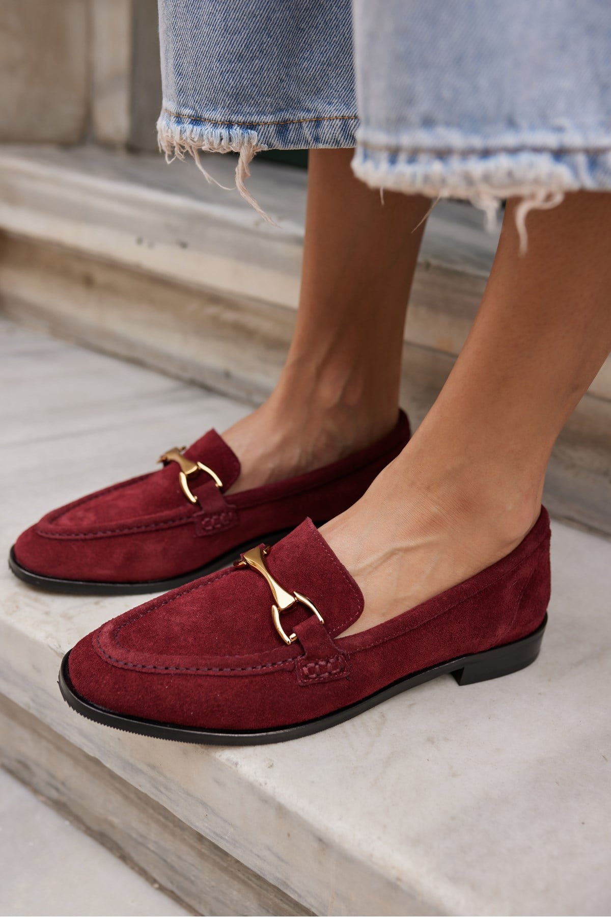 RUSH KADIN BORDO GERCEK SUET TOKA DETAY LOAFER AYAKKABİ