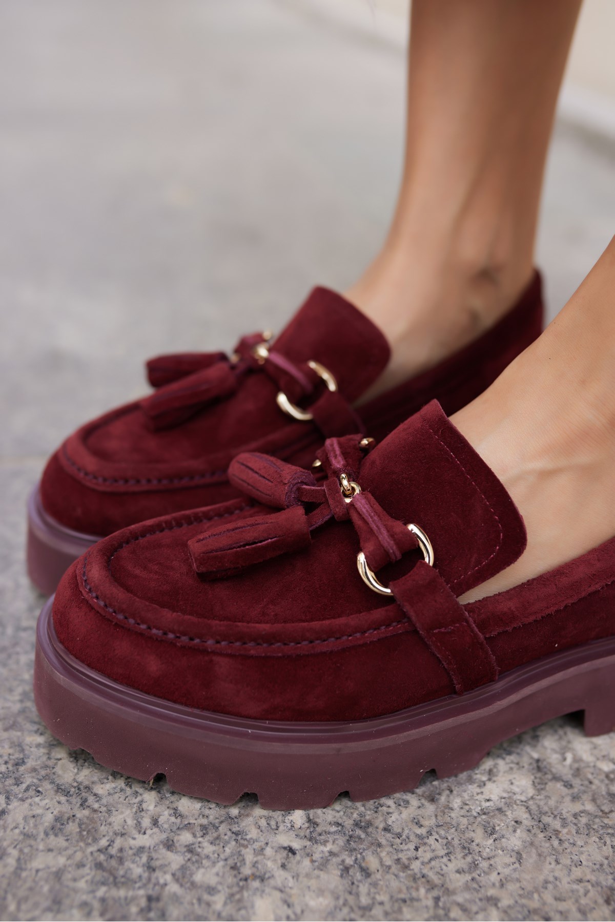 GRAY KADIN BORDO GERCEK SUET PUSKUL DETAY EVA TABAN LOAFER AYAKKABİ