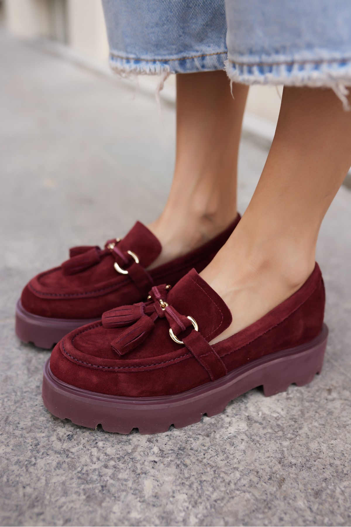 GRAY KADIN BORDO GERCEK SUET PUSKUL DETAY EVA TABAN LOAFER AYAKKABİ