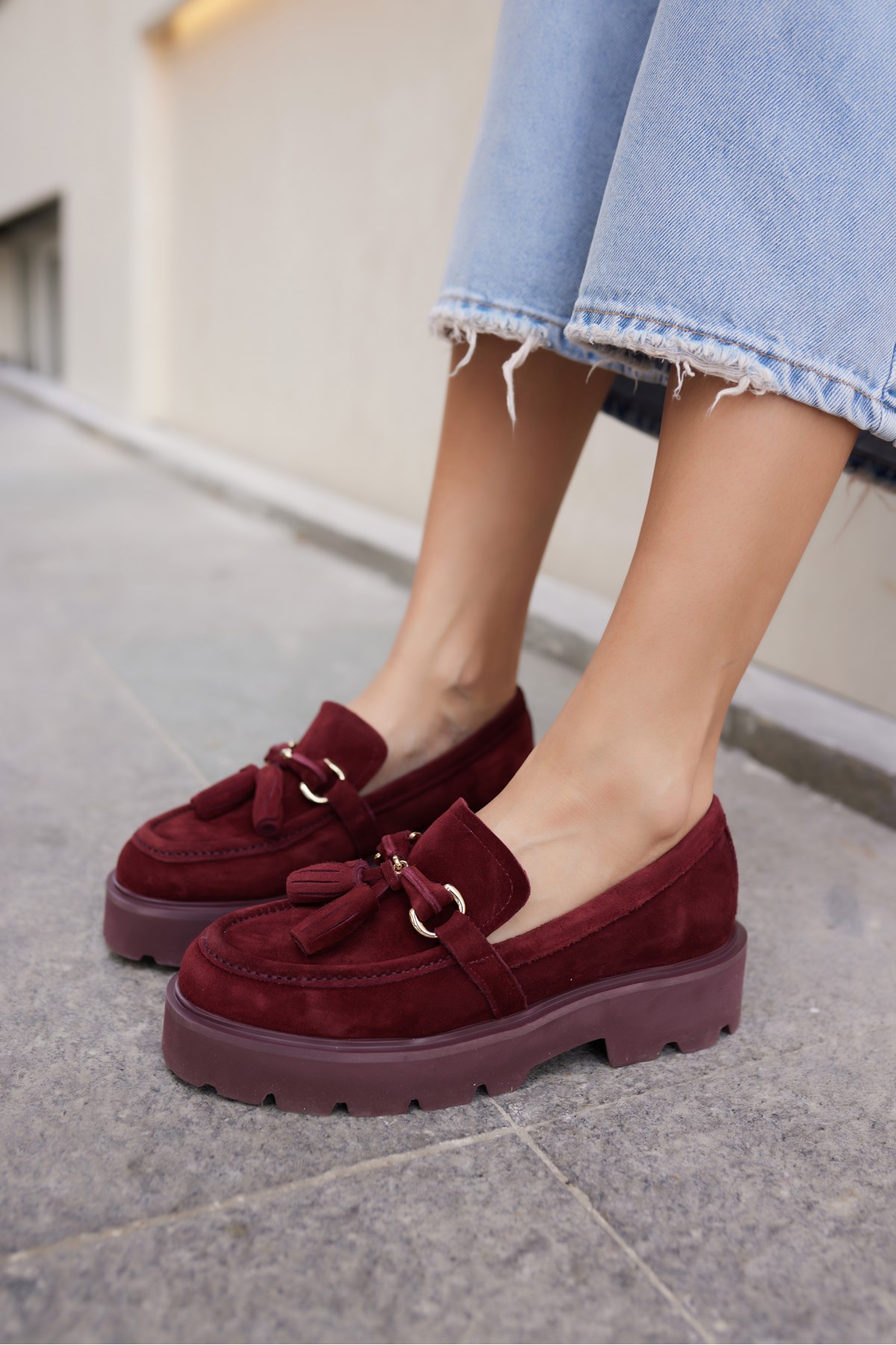 GRAY KADIN BORDO GERCEK SUET PUSKUL DETAY EVA TABAN LOAFER AYAKKABİ