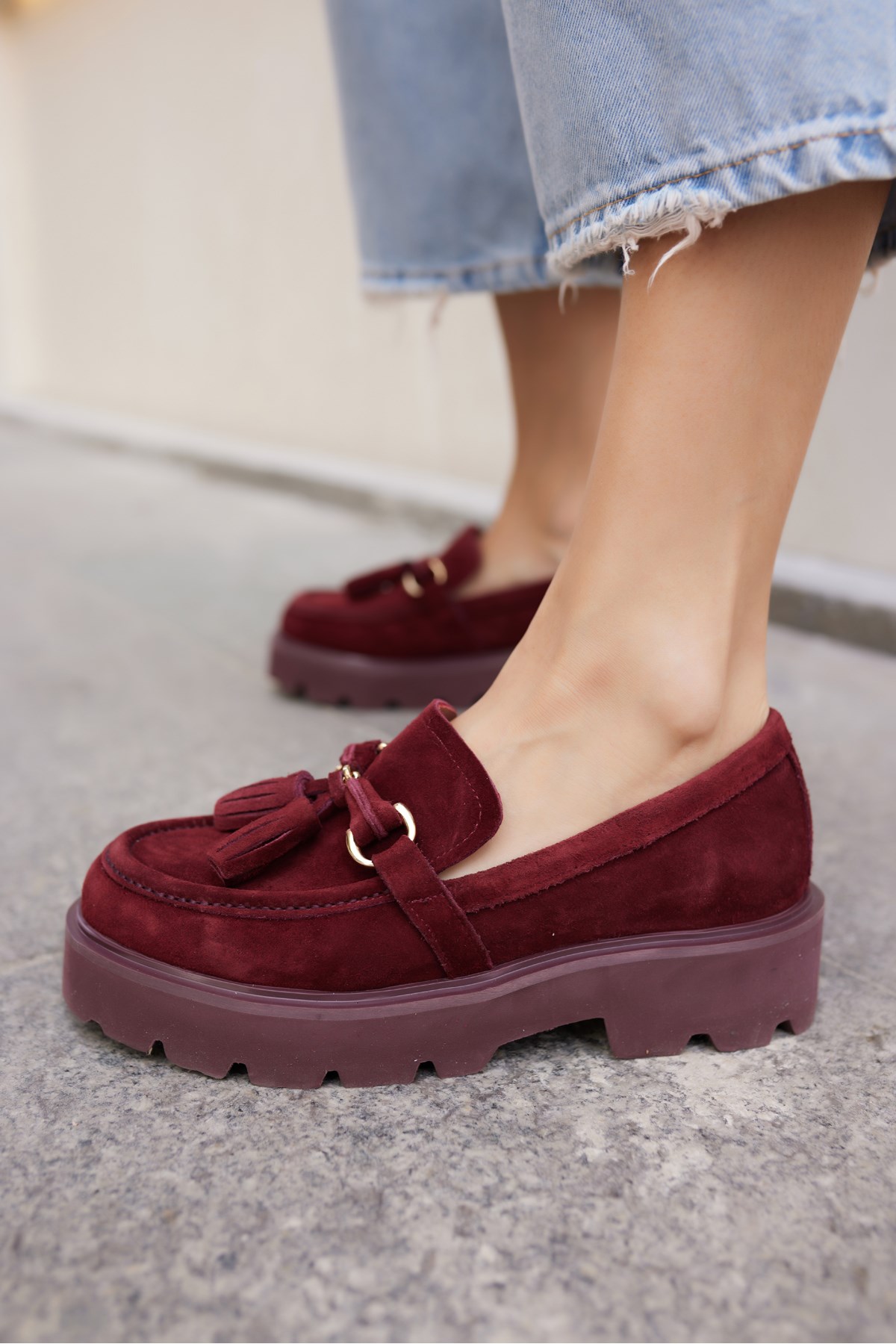 GRAY KADIN BORDO GERCEK SUET PUSKUL DETAY EVA TABAN LOAFER AYAKKABİ
