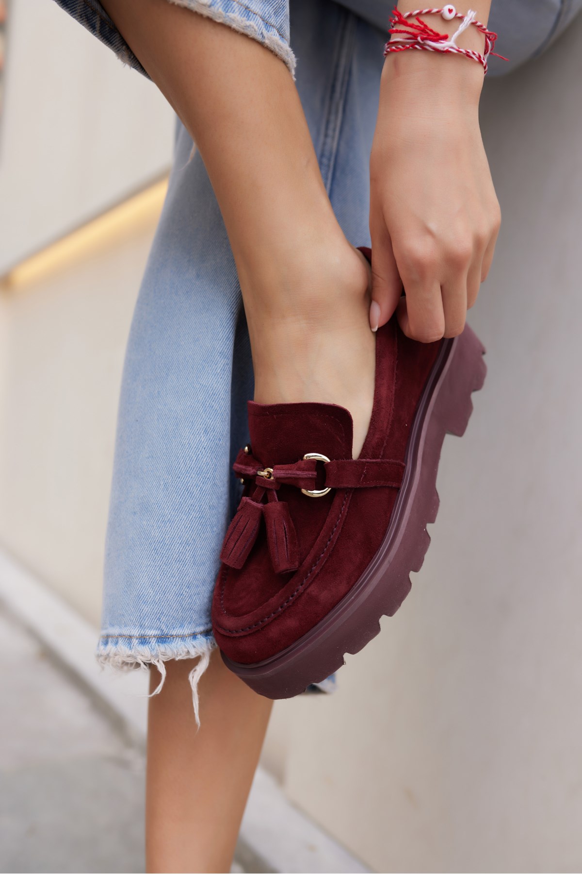 GRAY KADIN BORDO GERCEK SUET PUSKUL DETAY EVA TABAN LOAFER AYAKKABİ