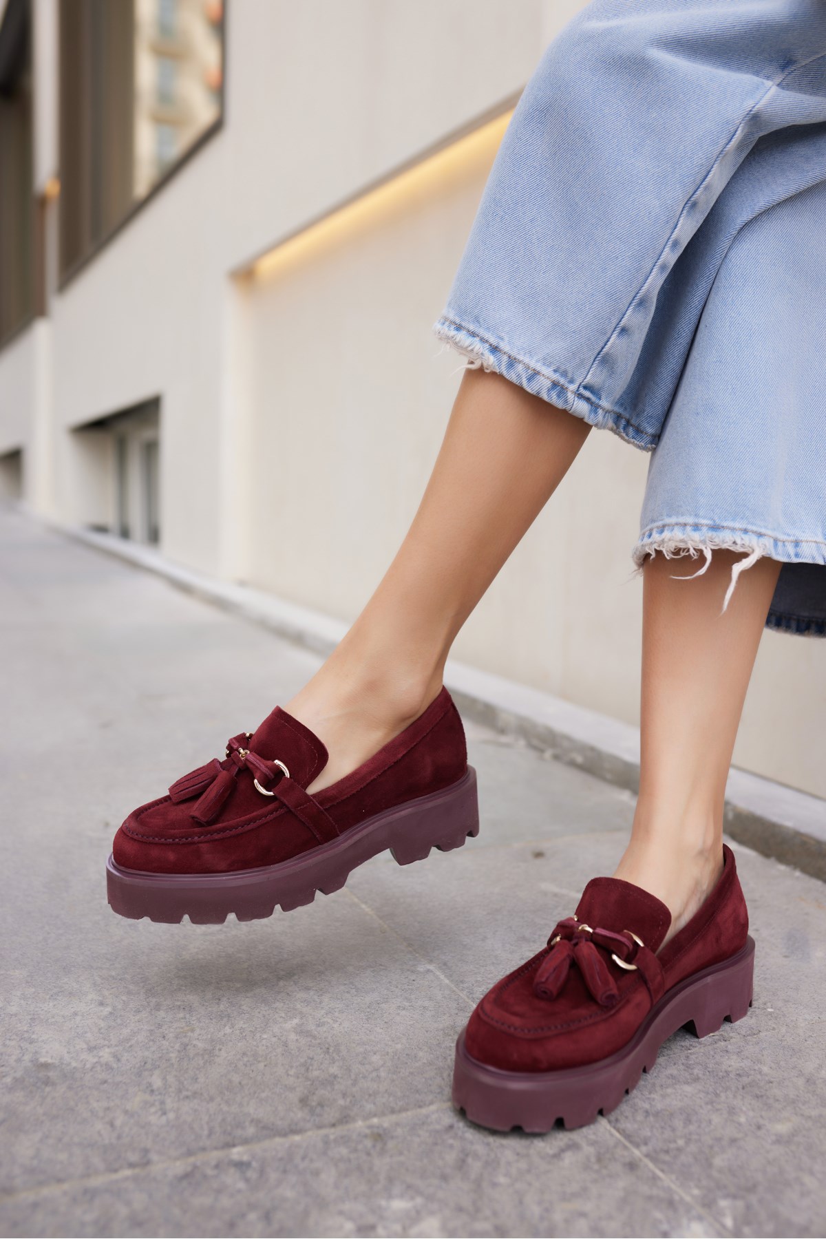 GRAY KADIN BORDO GERCEK SUET PUSKUL DETAY EVA TABAN LOAFER AYAKKABİ
