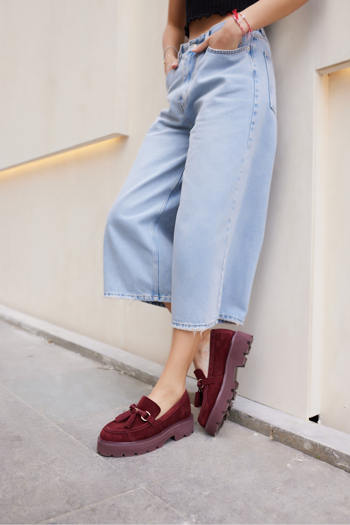 GRAY KADIN BORDO GERCEK SUET PUSKUL DETAY EVA TABAN LOAFER AYAKKABİ