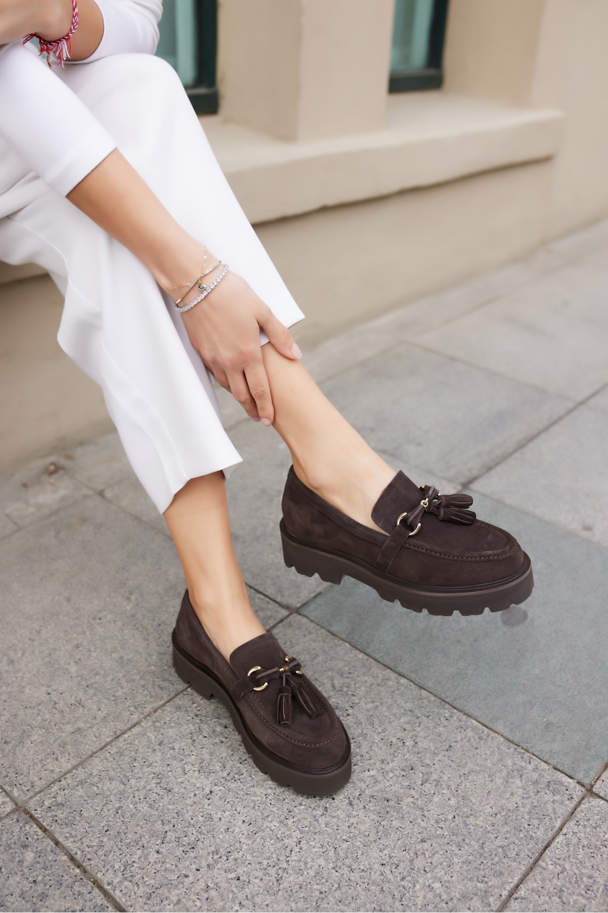 GRAY KADIN KAHVE GERCEK SUET PUSKUL DETAY EVA TABAN LOAFER AYAKKABİ