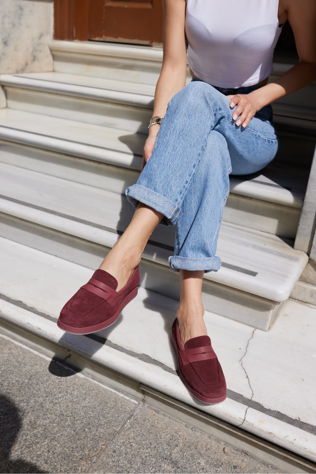MONTİ KADIN BORDO GERCEK SUET LOAFER AYAKKABİ