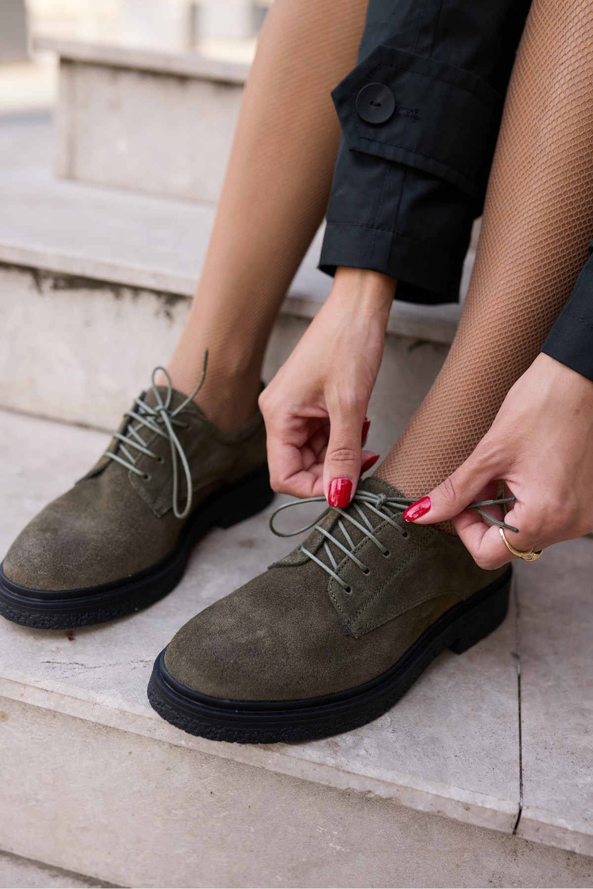 LECH KADIN HAKİ GERCEK SUET OXFORD LOAFER AYAKKABİ