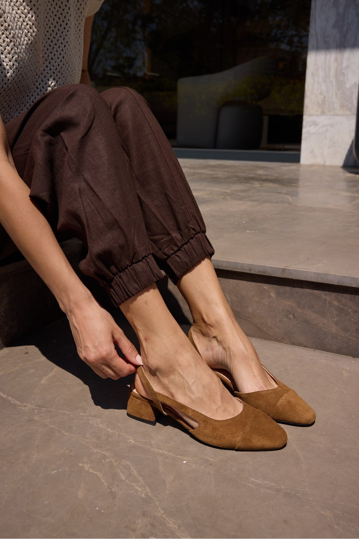 CHALO KADIN TABA NUDE DERI SUET TOPUKLU SLINGBACK AYAKKABI