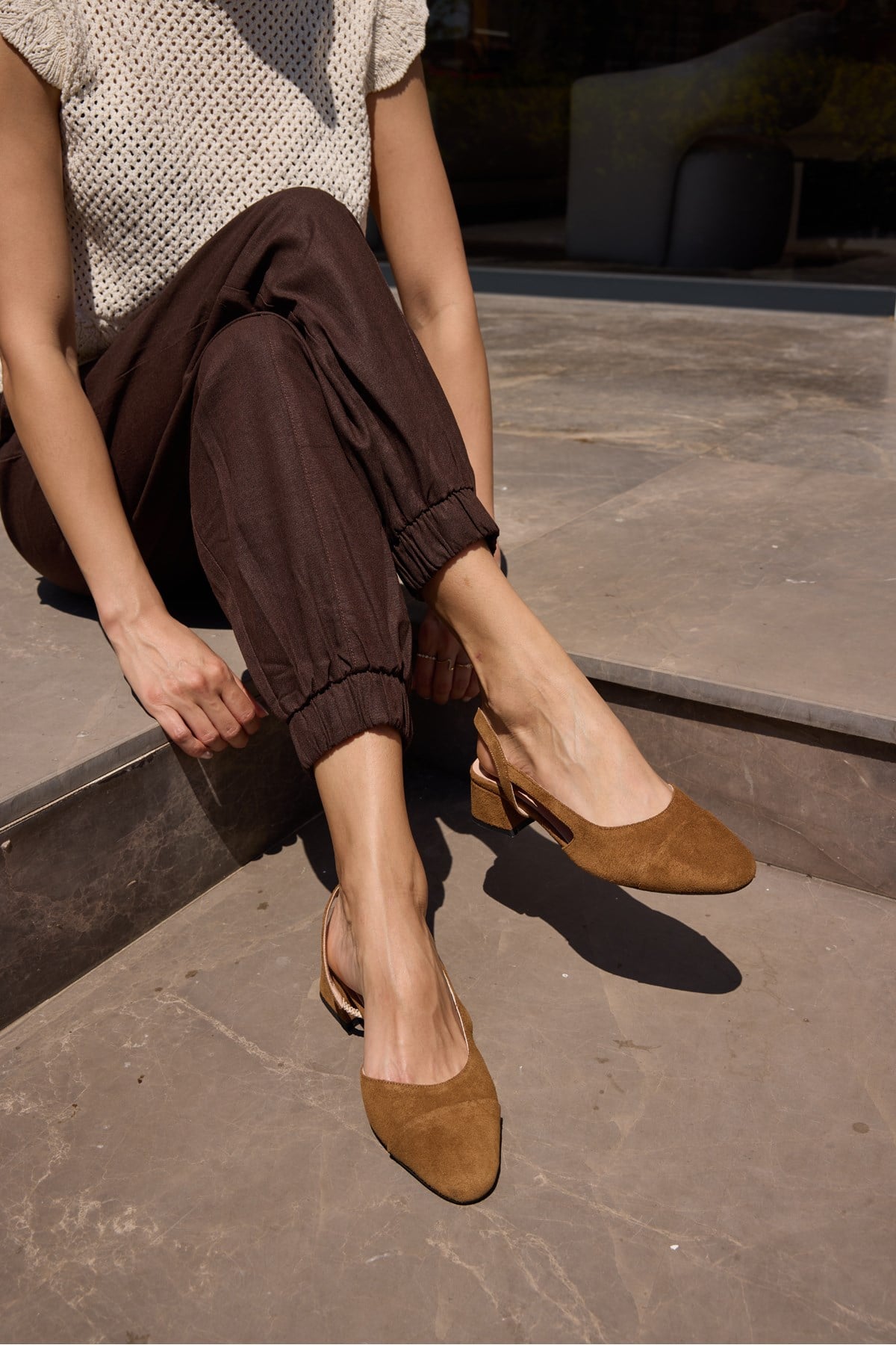 CHALO KADIN TABA NUDE DERI SUET TOPUKLU SLINGBACK AYAKKABI