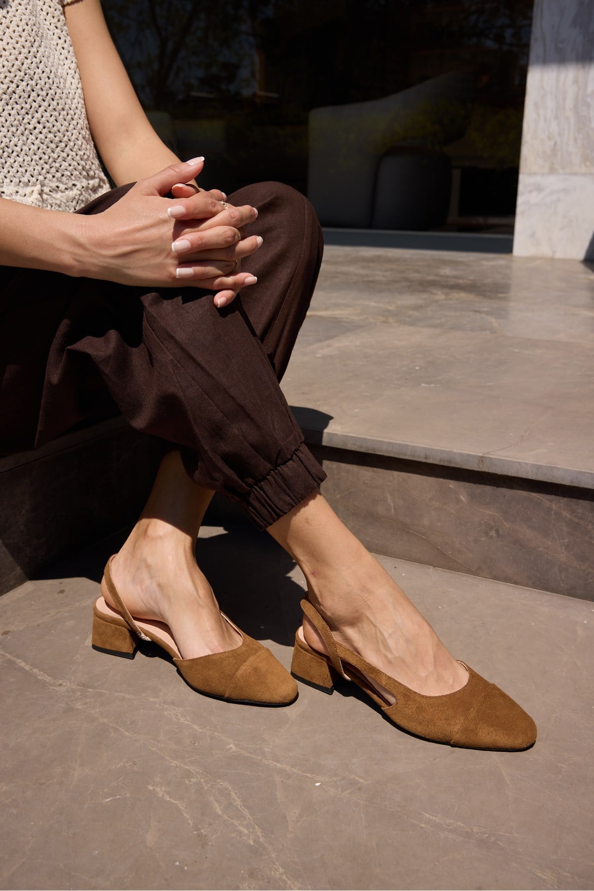 CHALO KADIN TABA NUDE DERI SUET TOPUKLU SLINGBACK AYAKKABI