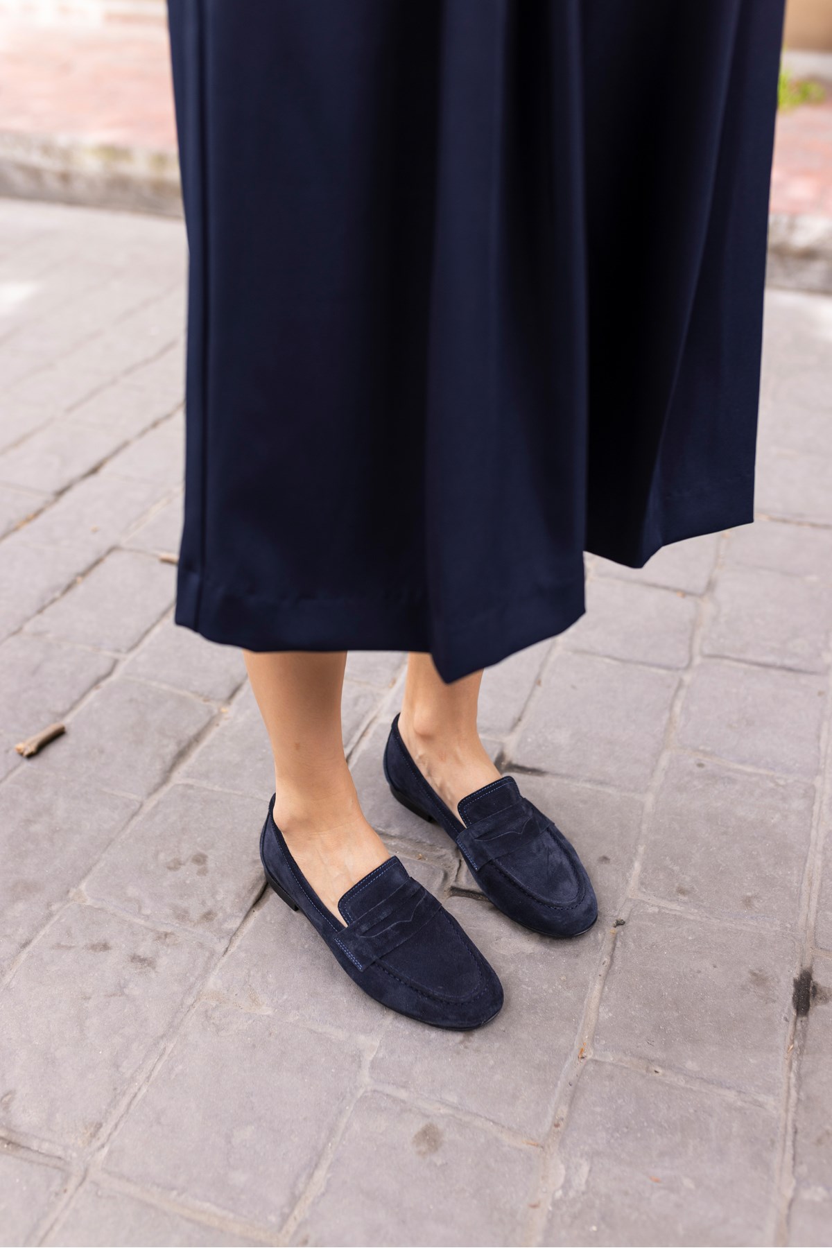 OTTON KADİN LACİVERT GERCEK SUET LOAFER BABET