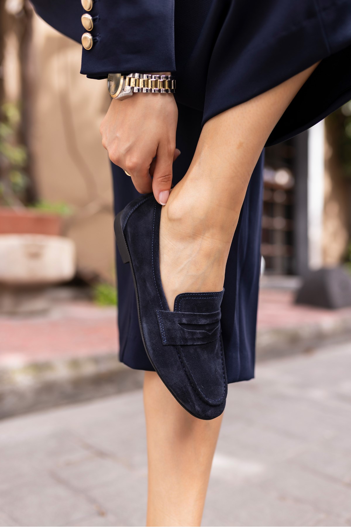 OTTON KADİN LACİVERT GERCEK SUET LOAFER BABET