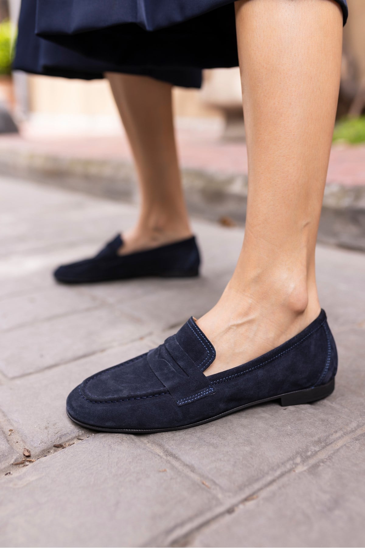 OTTON KADİN LACİVERT GERCEK SUET LOAFER BABET