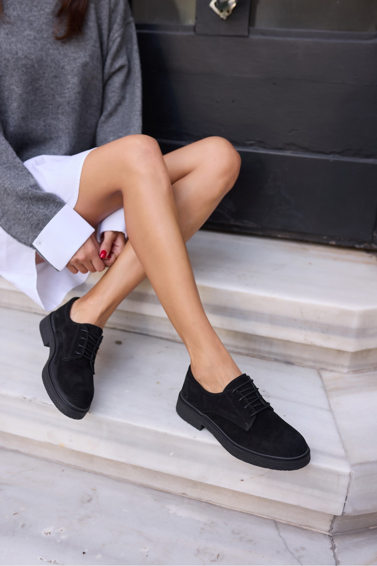 LECH KADIN SİYAH GERCEK SUET BAGCIKLI OXFORD LOAFER AYAKKABİ