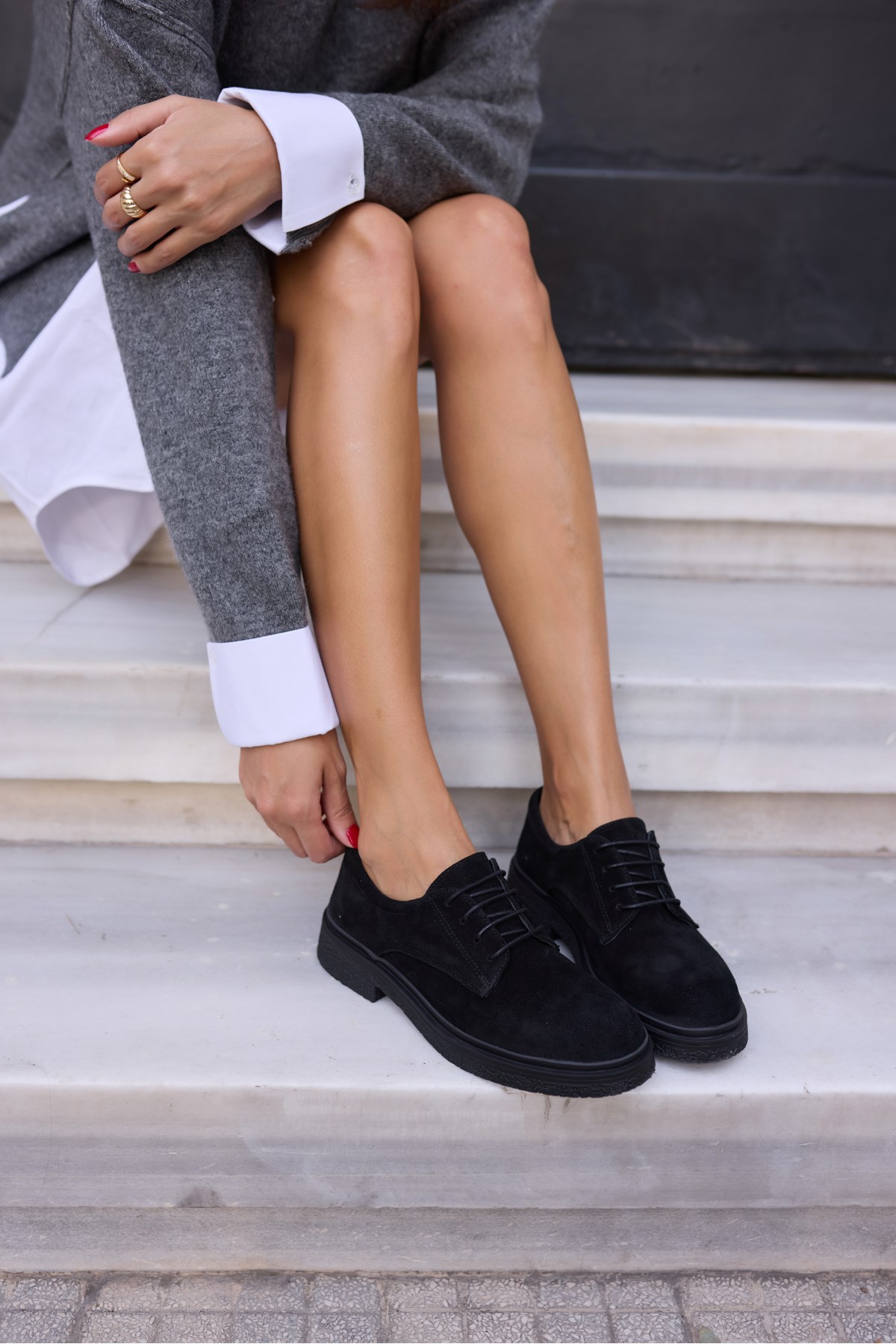 LECH KADIN SİYAH GERCEK SUET BAGCIKLI OXFORD LOAFER AYAKKABİ