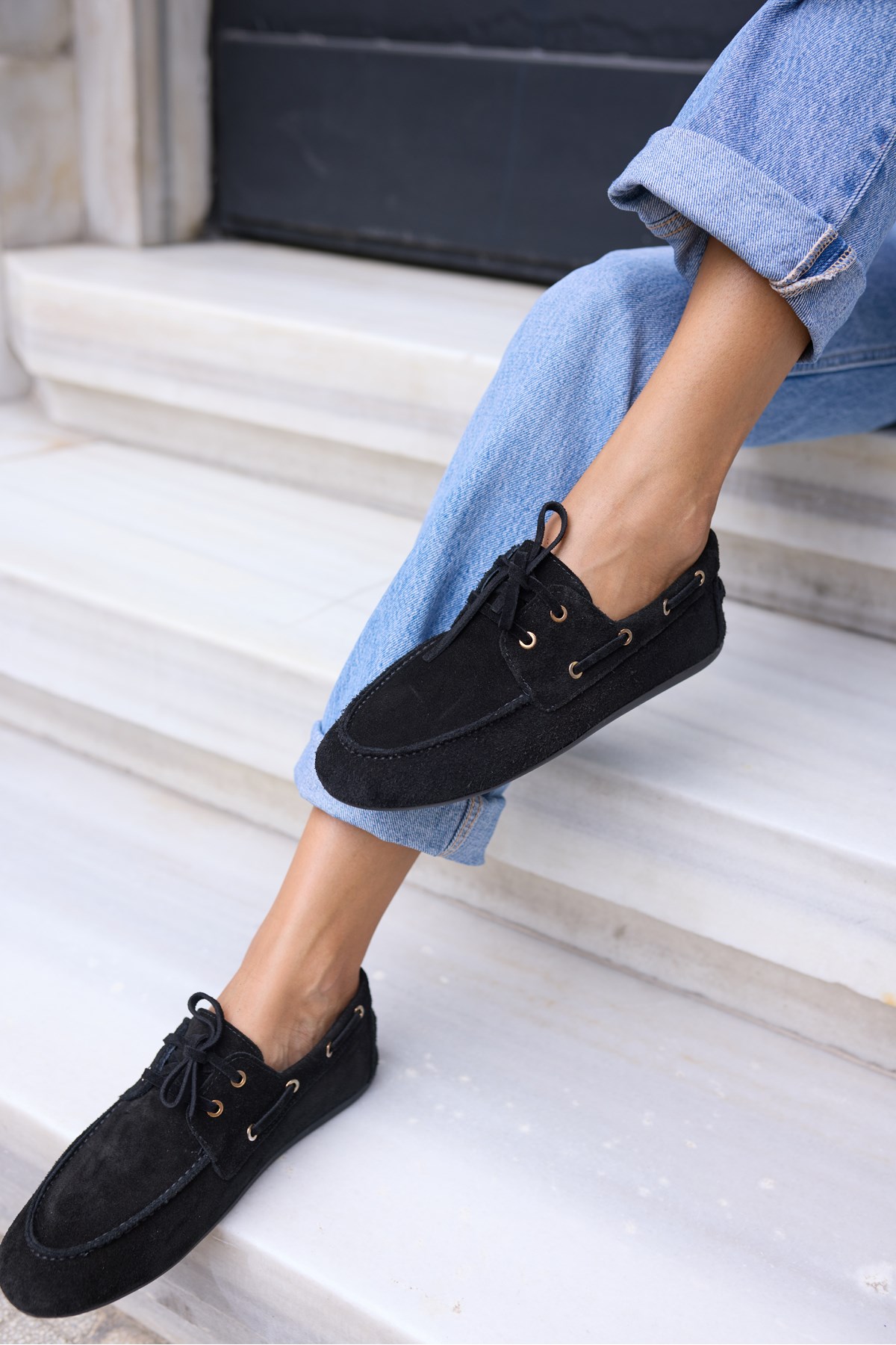 CLARO KADIN SİYAH GERCEK SUET LOAFER AYAKKABİ