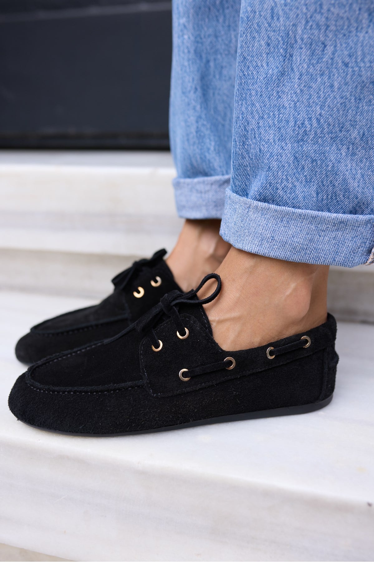 CLARO KADIN SİYAH GERCEK SUET LOAFER AYAKKABİ