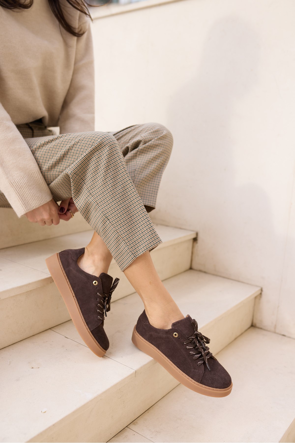 RASPA KADIN KAHVERENGİ GERCEK DERİ SUET BAGCIKLI SNEAKER