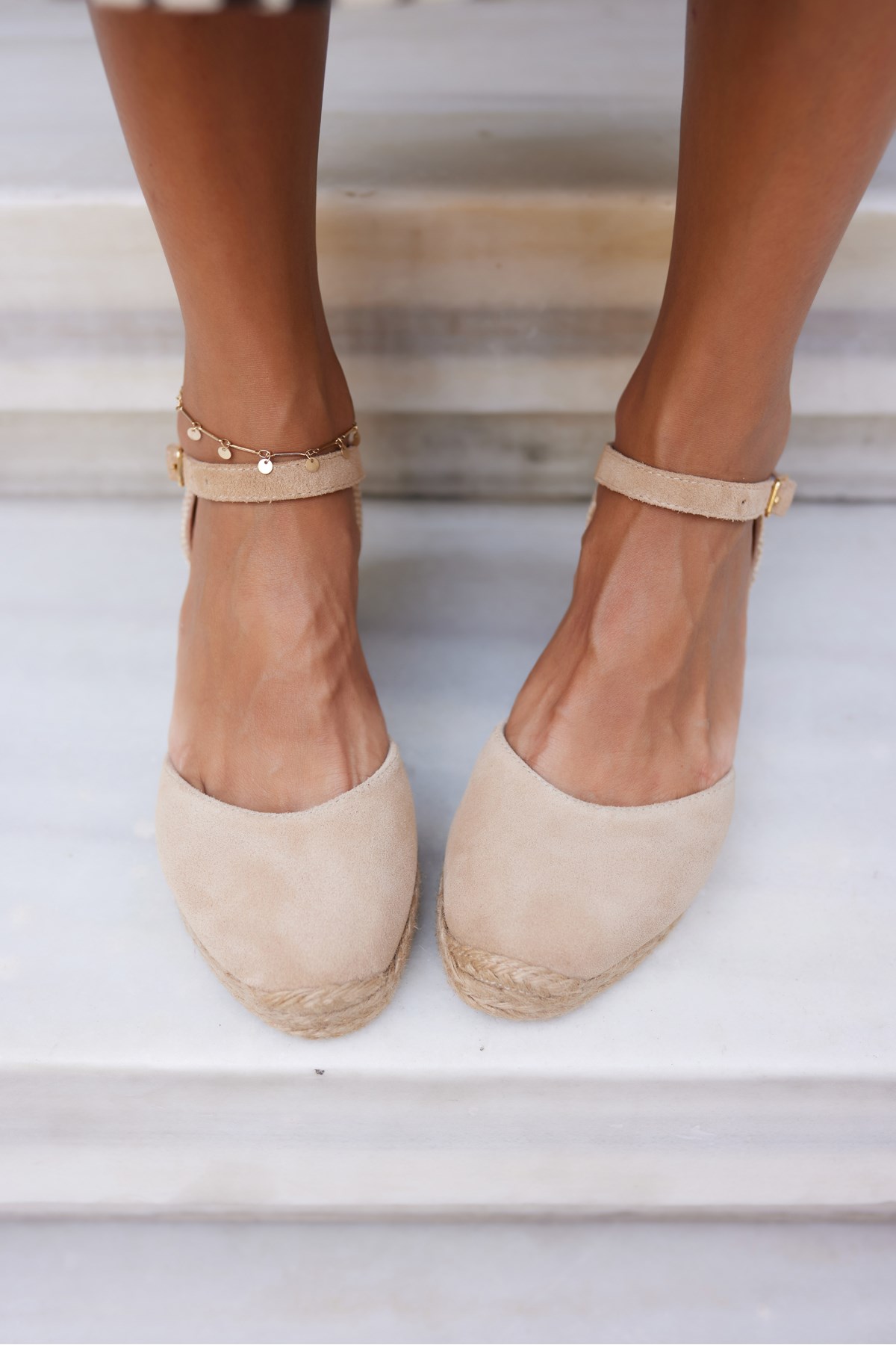 MİSS KADIN BEJ BİSKUVİ GERCEK DERİ SUET 5 CM TOPUKLU ESPADRIL SANDALET