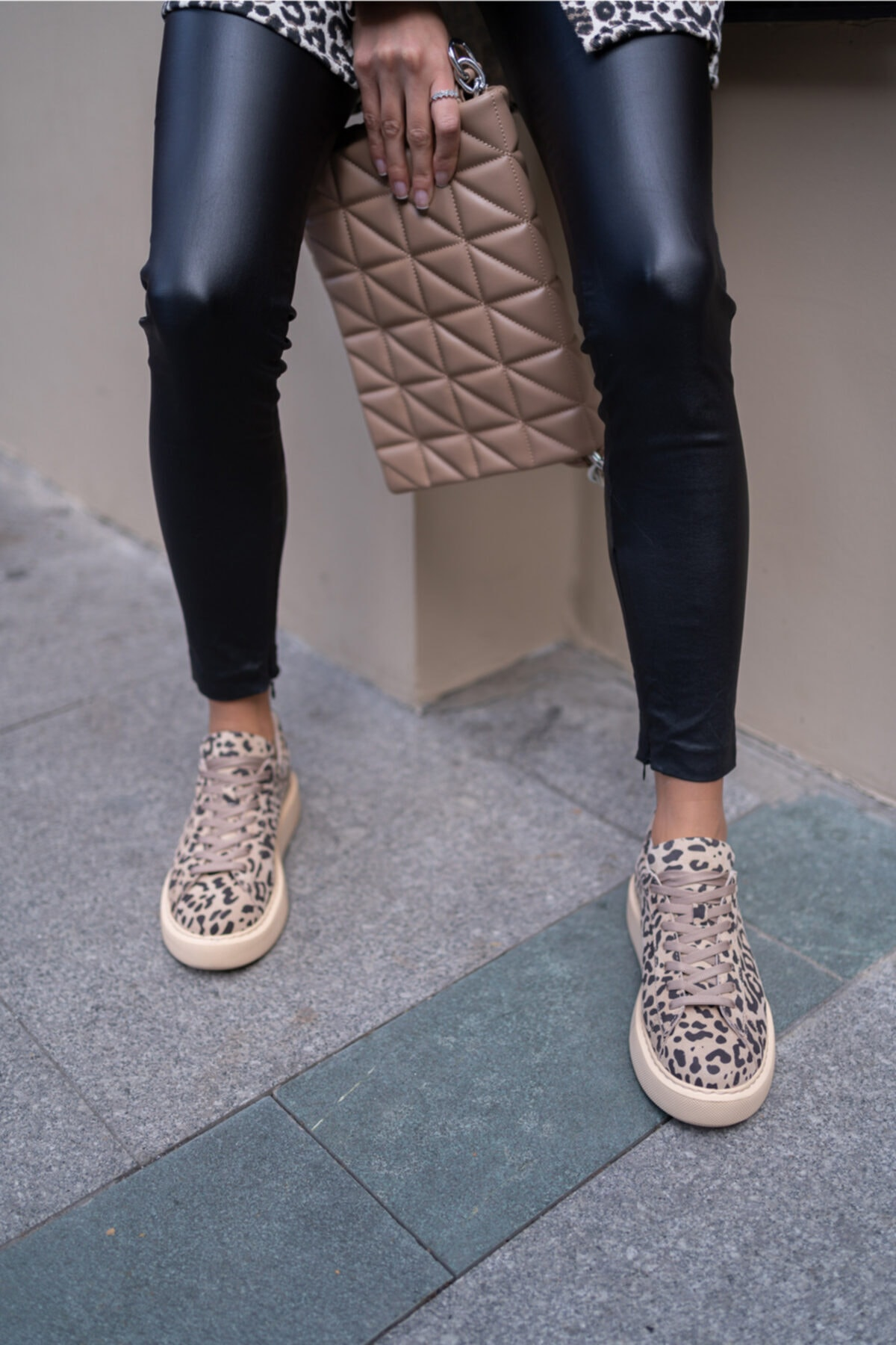 Angelo Kadın Leopar Gercek Deri Sneakers