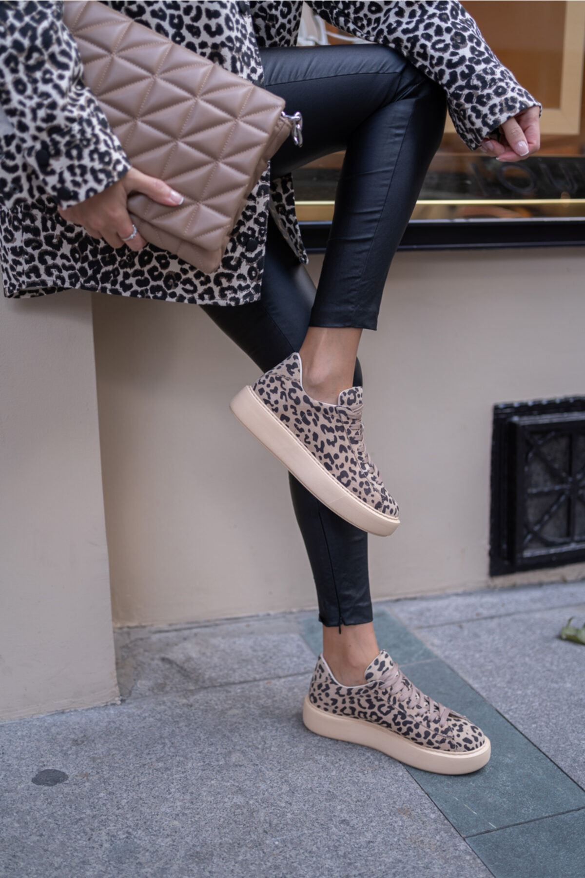Angelo Kadın Leopar Gercek Deri Sneakers