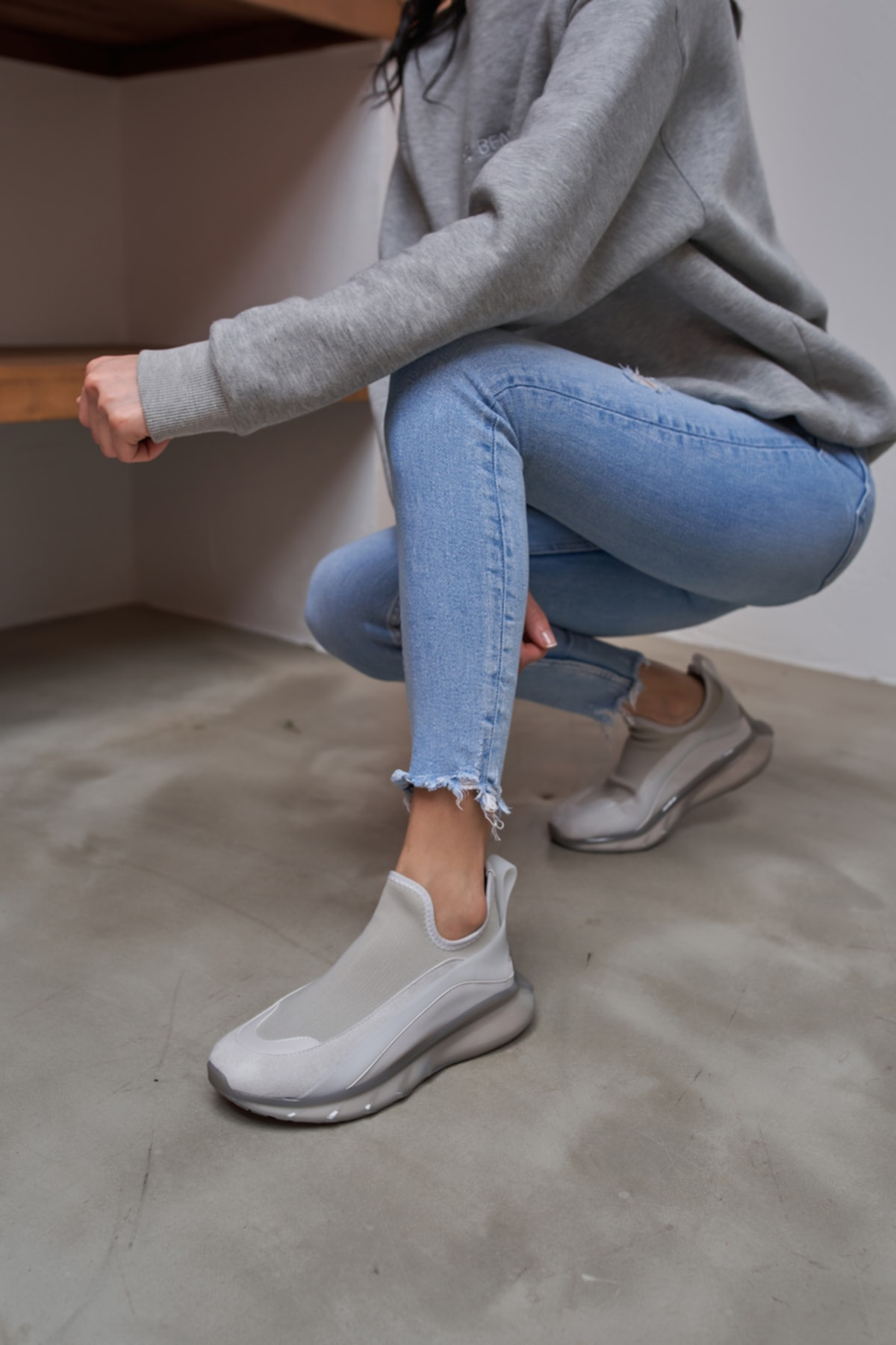 Kadın Gri Air taban Detay Trıko Sneakers Ayakkabı