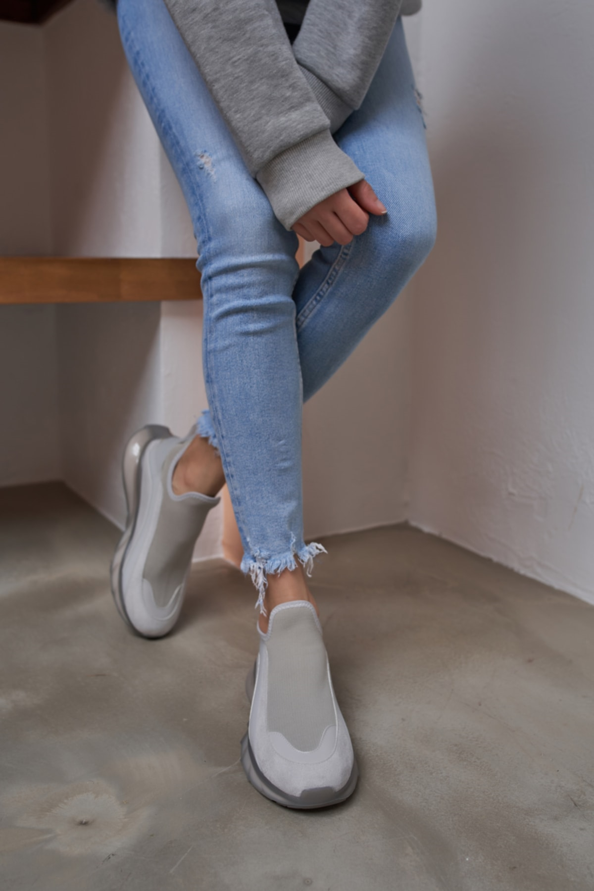 Kadın Gri Air taban Detay Trıko Sneakers Ayakkabı