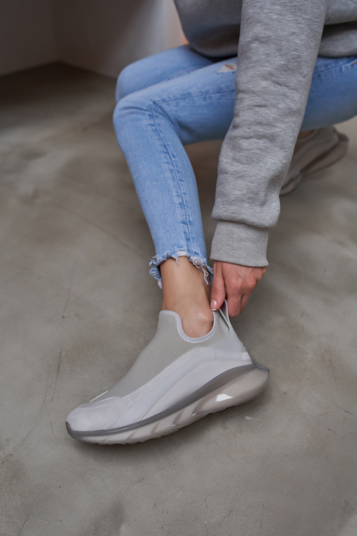 Kadın Gri Air taban Detay Trıko Sneakers Ayakkabı