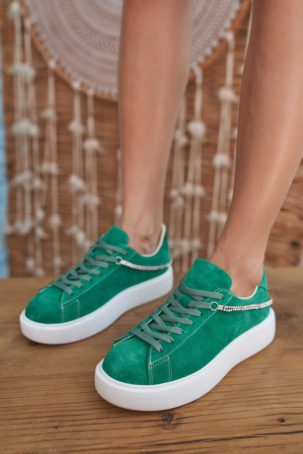 Polinas Kadın Yeşil Gercek Deri Suet Taş Detay Sneakers