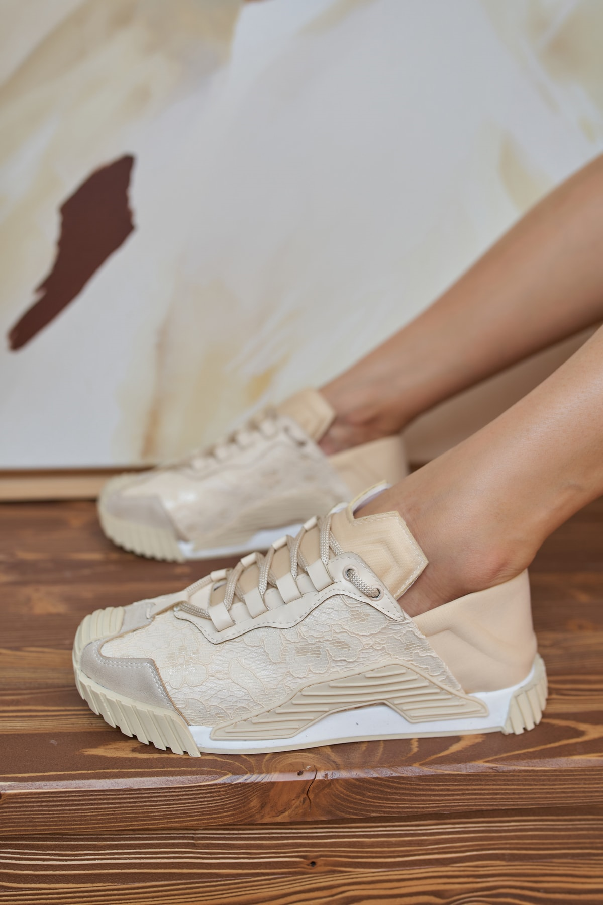 Trine Kadin Bej Dantel Detay Sneakers