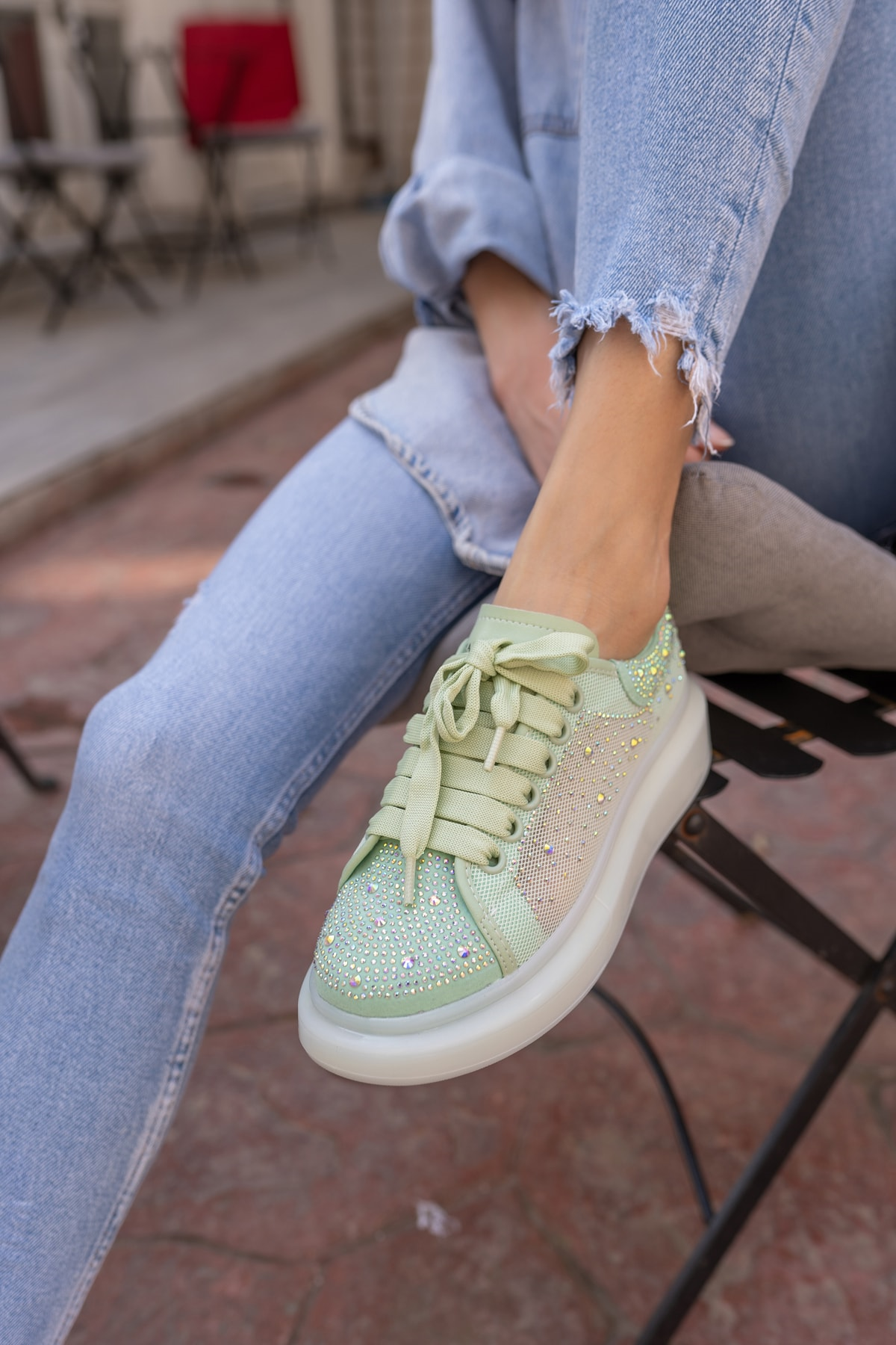 Ellins Kadin Yeşil Taş Detay Sneakers