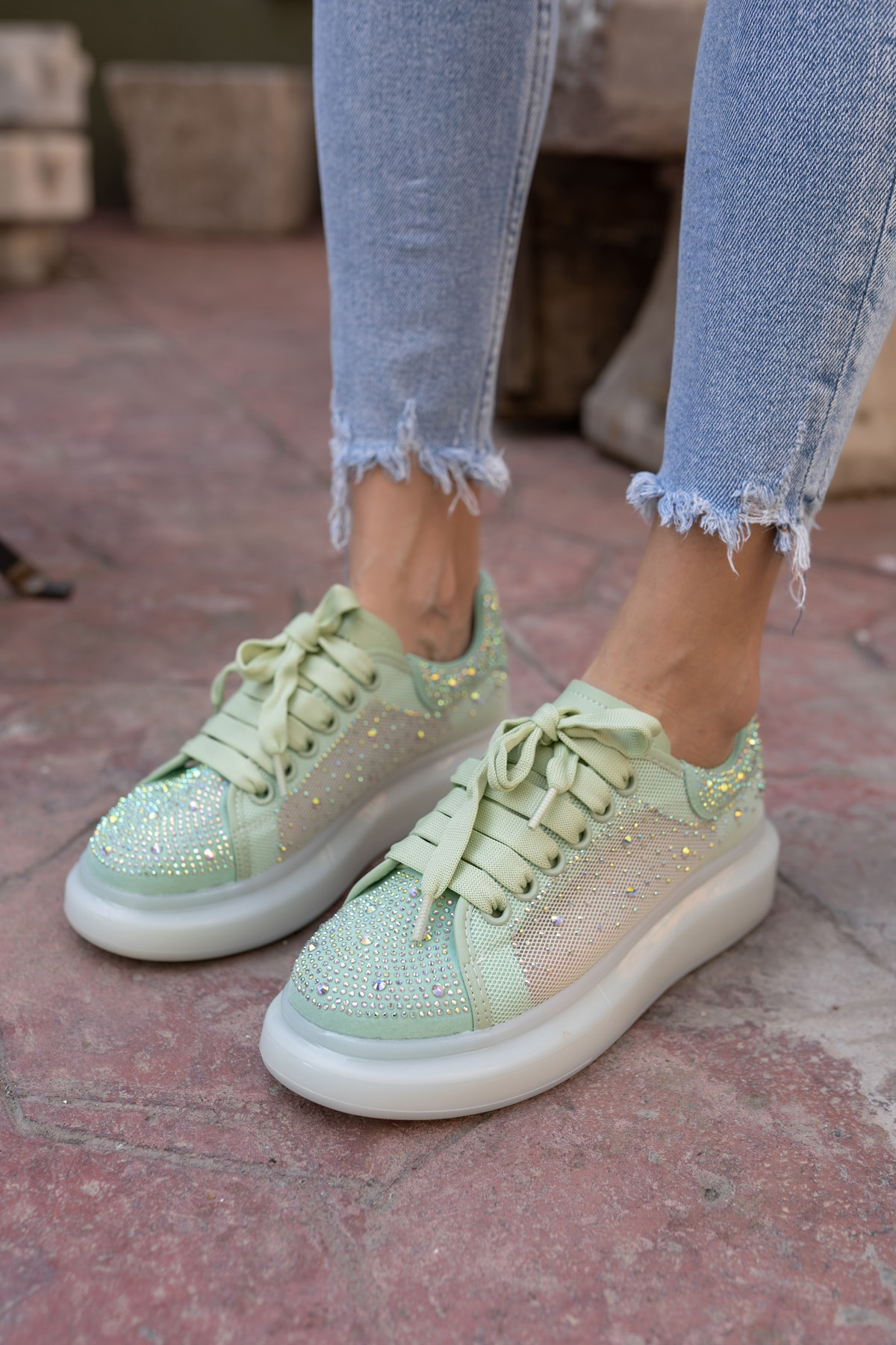 Ellins Kadin Yeşil Taş Detay Sneakers