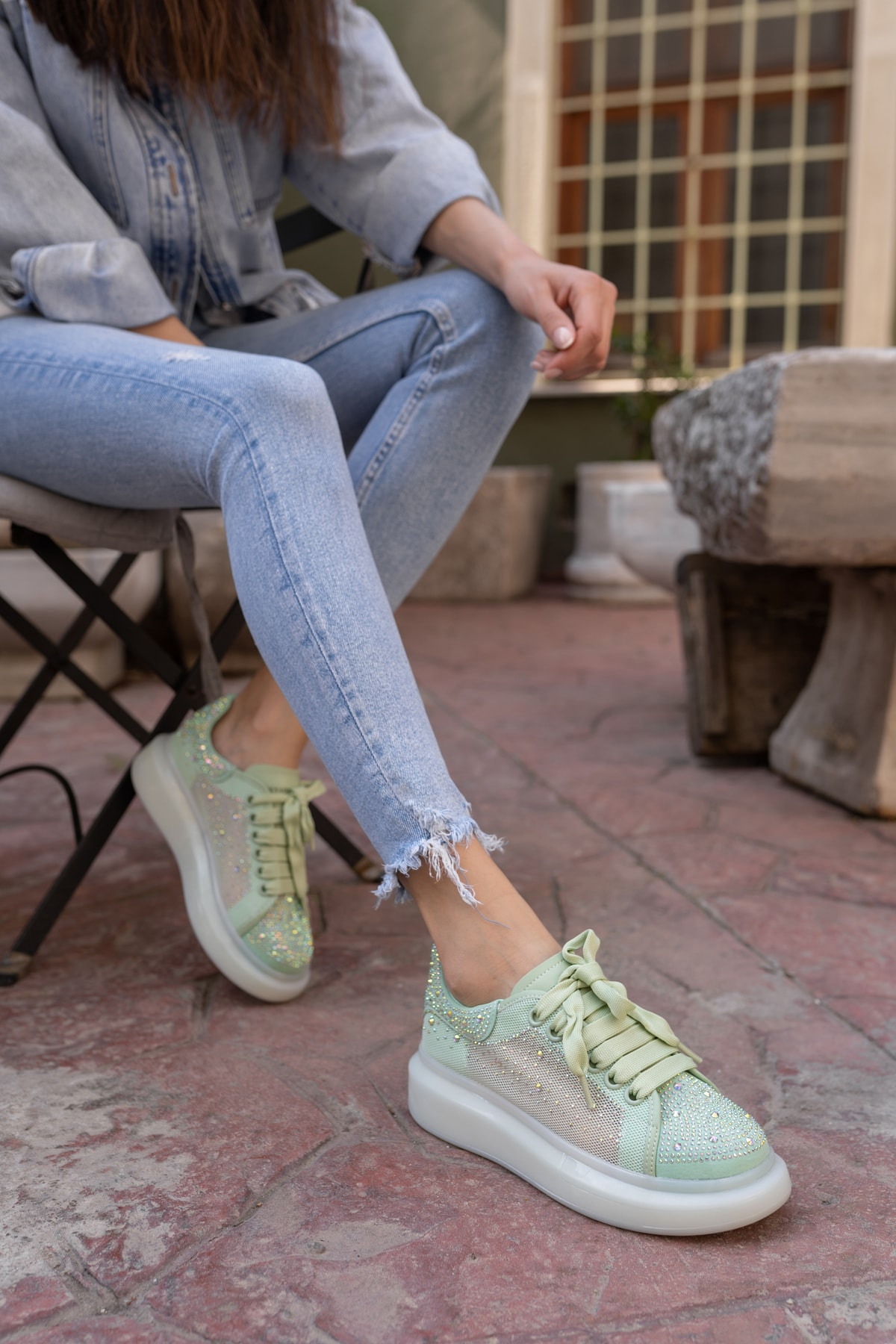 Ellins Kadin Yeşil Taş Detay Sneakers