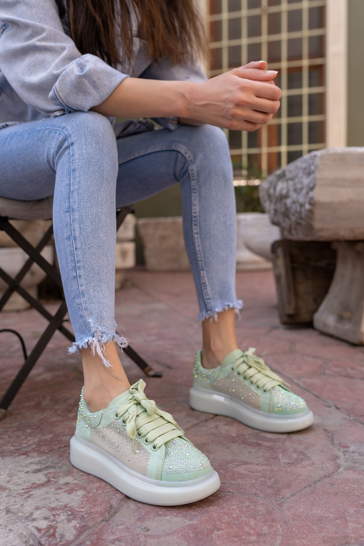 Ellins Kadin Yeşil Taş Detay Sneakers