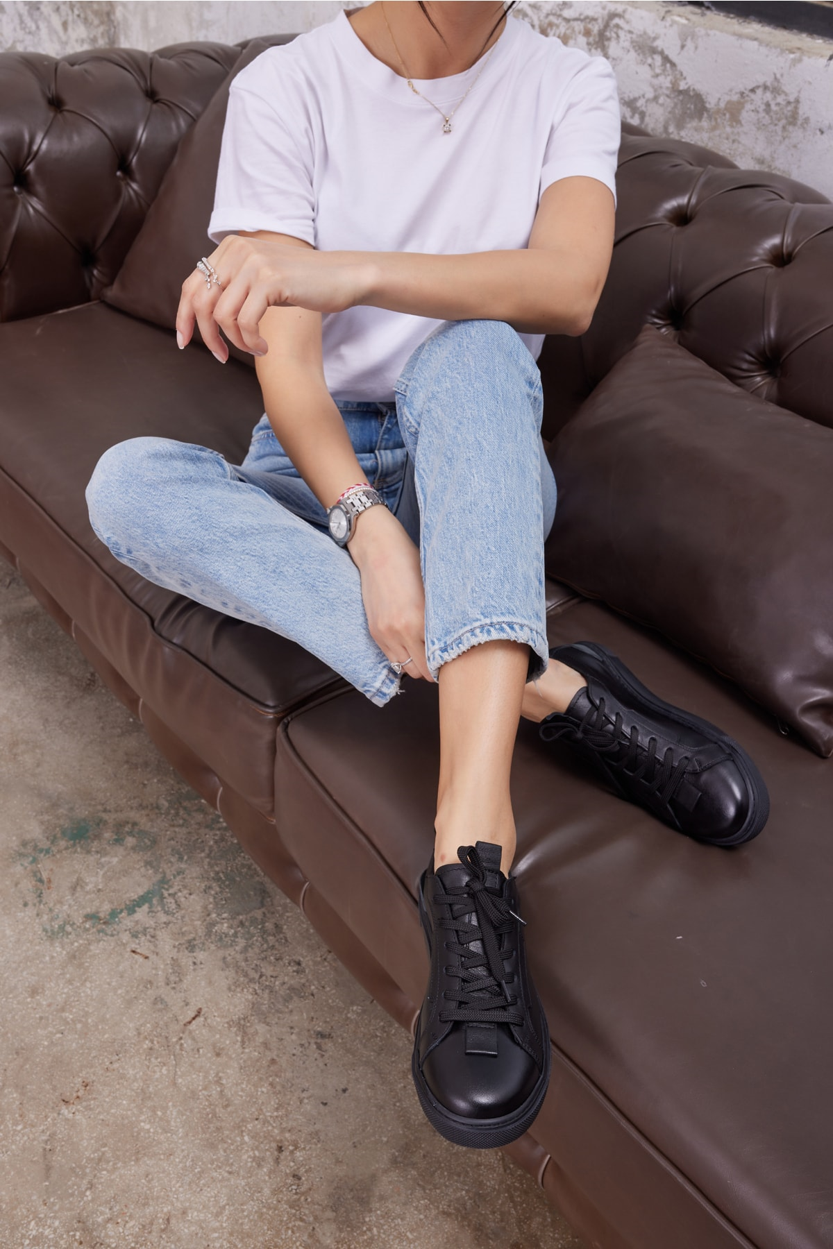 Junya Kadın Siyah Gercek Deri Sneaker