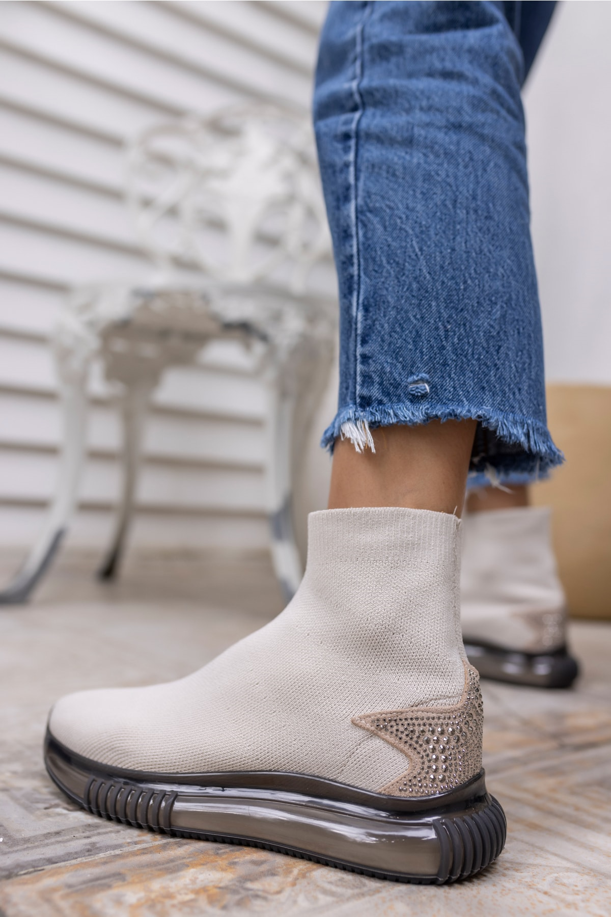 Damlalla Kadın Bej Air Taban Trıko Sneakers Bot