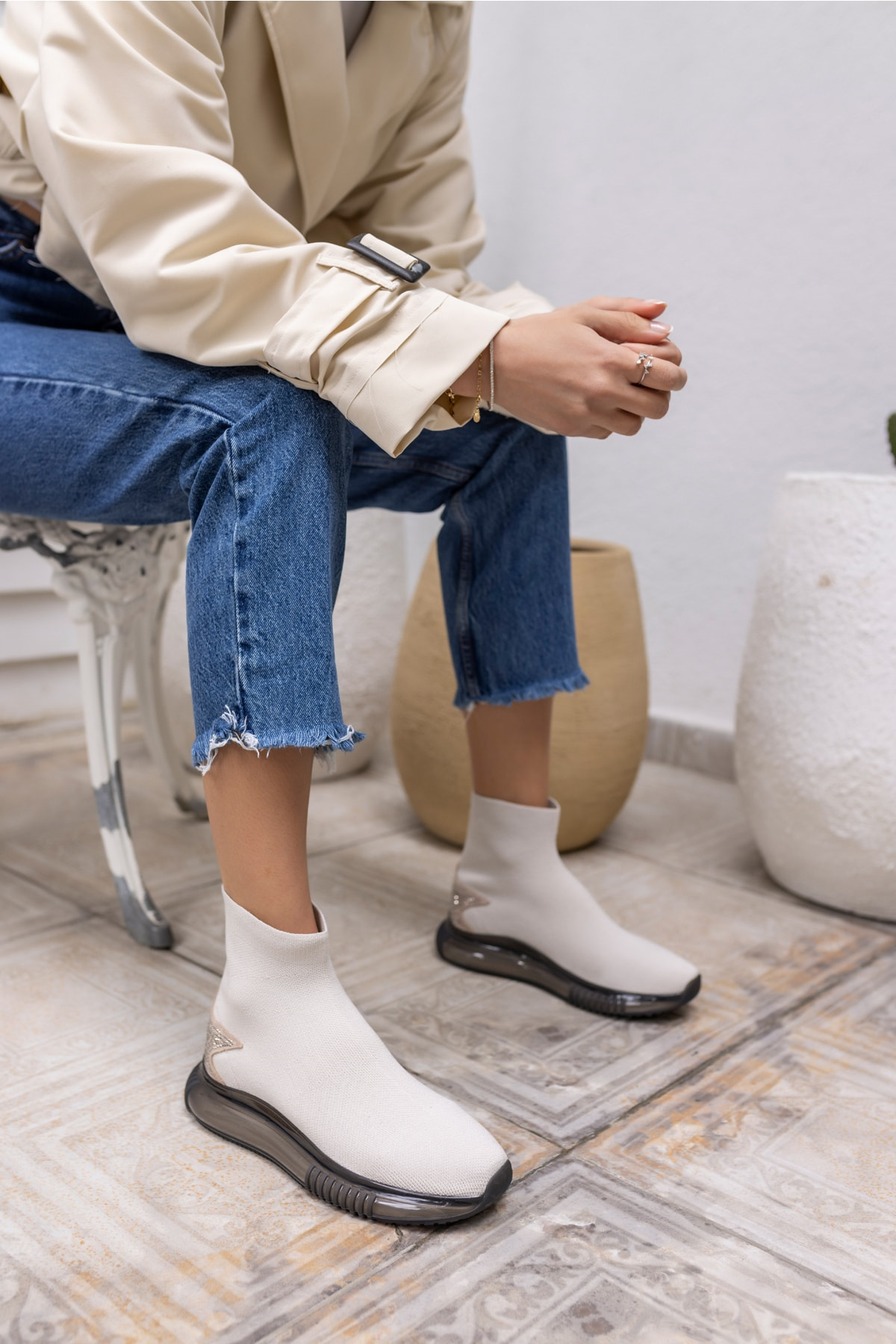 Damlalla Kadın Bej Air Taban Trıko Sneakers Bot