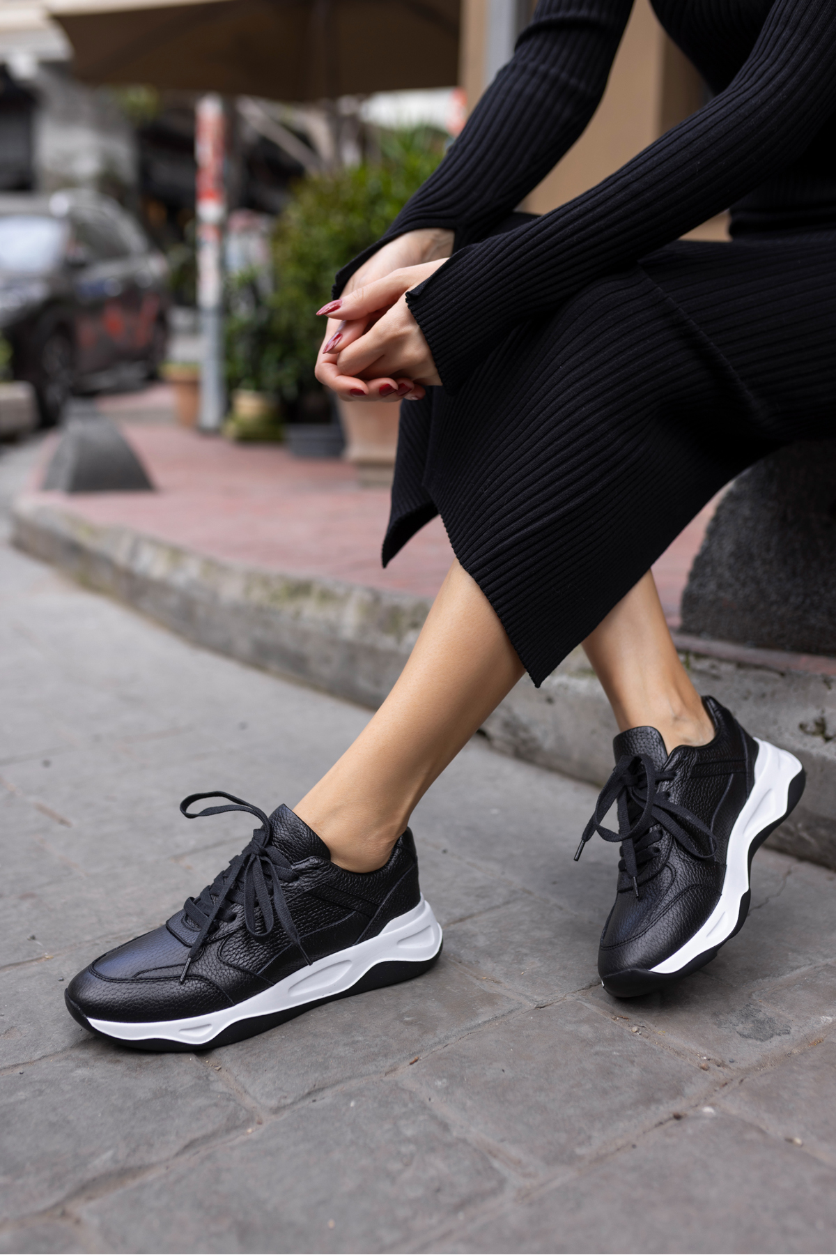 FAİNN KADİN SİYAH GERCEK DERİ EVA TABANLİ SNEAKER