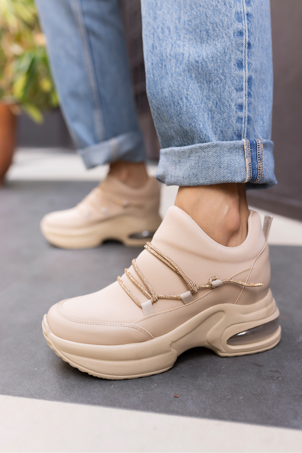 AİRLU KADIN BEJ TAŞLİ GIZLI TOPUKLU SNEAKER