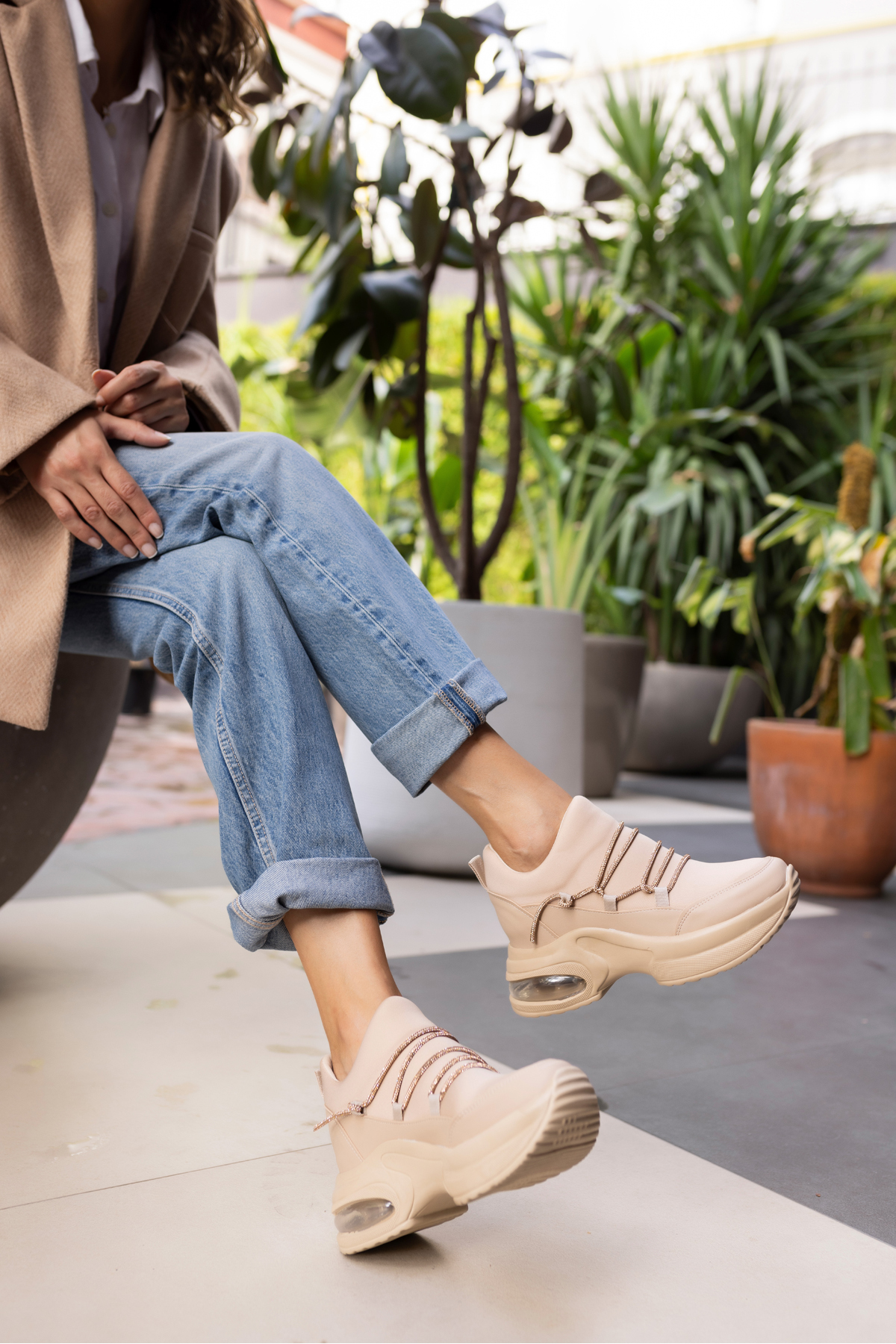 AİRLU KADIN BEJ TAŞLİ GIZLI TOPUKLU SNEAKER
