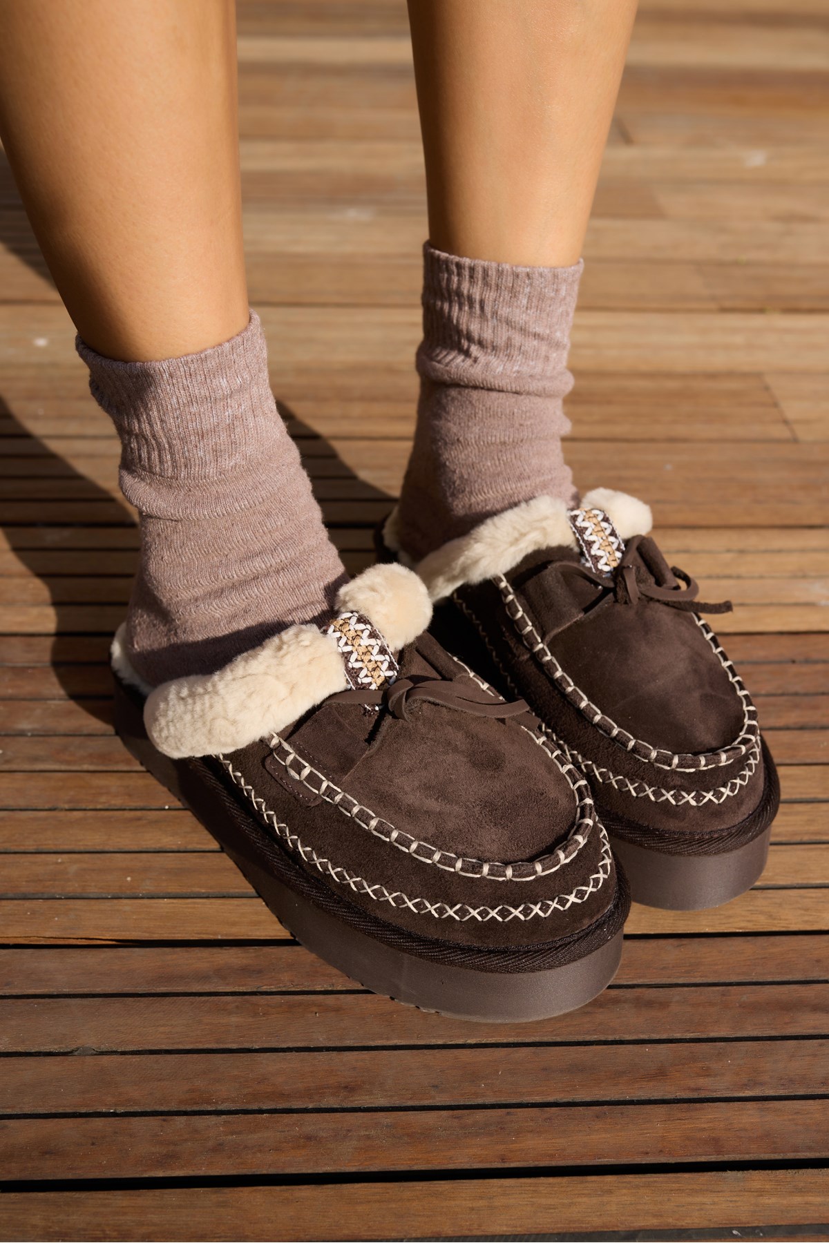 CENARA KADİN KAHVE GERCEK DERİ SUET ULTRAMİNİ EVA TABAN TERLİK